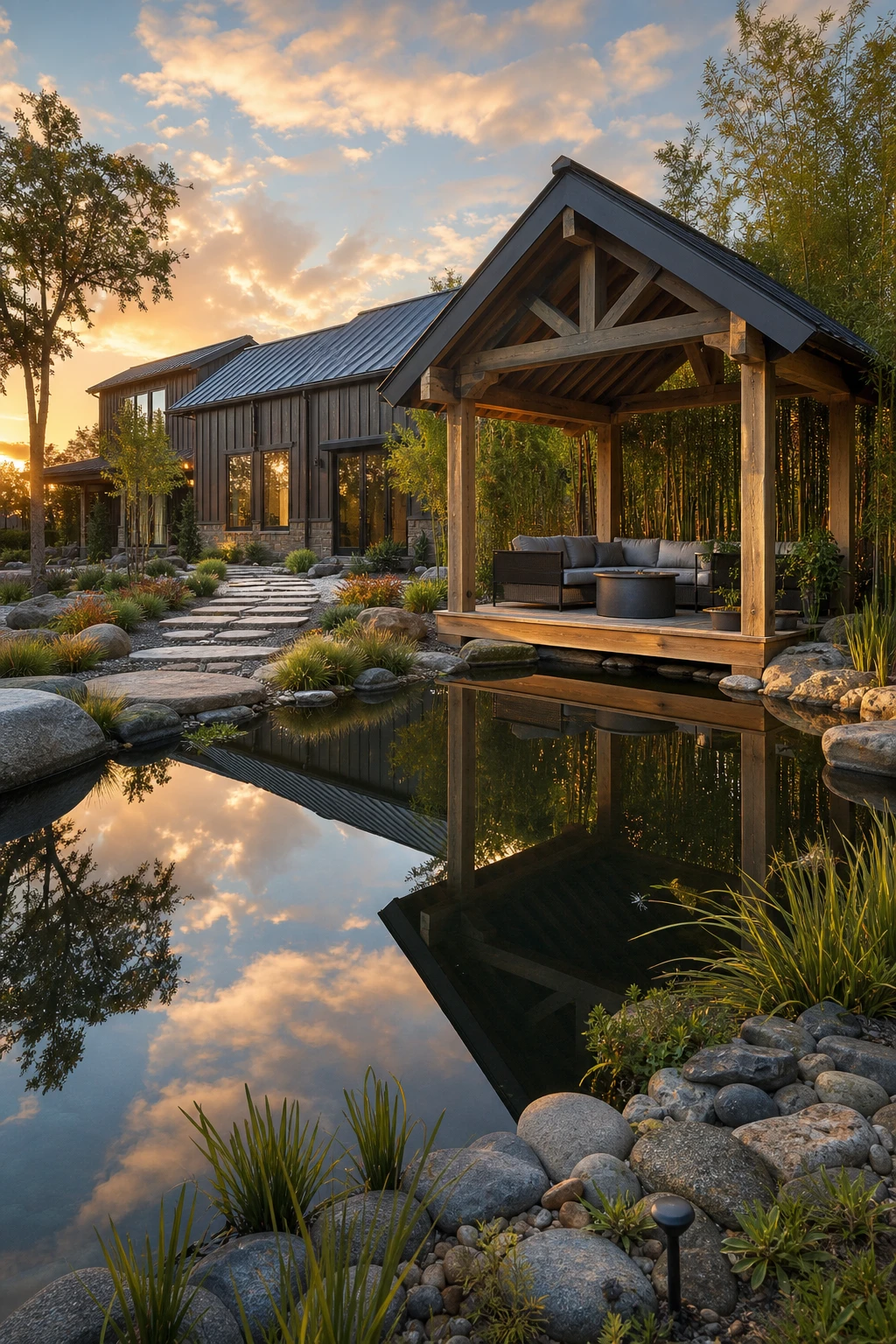 Barndominium zen garden with a still reflective pond and timber gazebo at the water's edge, surrounded by ornamental grasses and smooth stepping stones