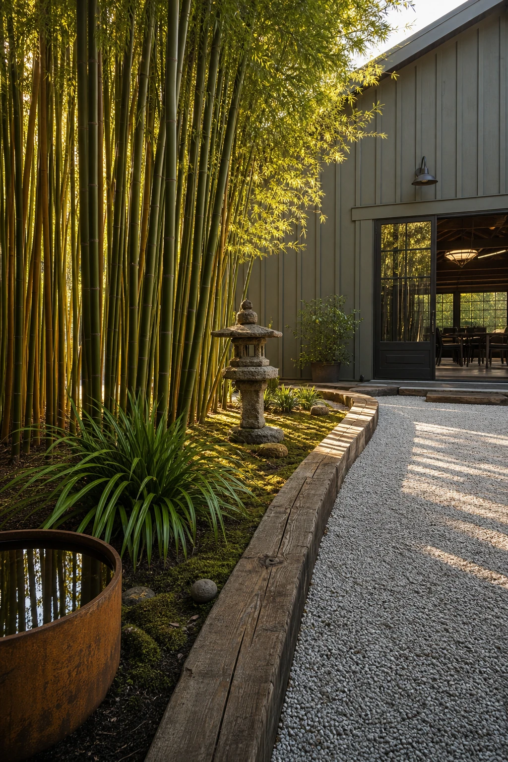 Barndominium zen garden with a tall clumping bamboo screen as the hero feature, gravel raked ground, stone lantern, and timber edging in soft sage green afternoon light
