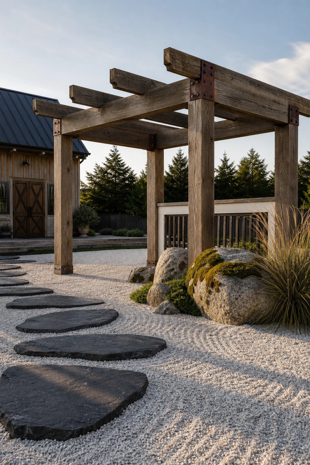 Barndominium zen garden with a timber and steel pergola as the hero structure, raked gravel, moss boulders, ornamental grasses, and Strong White painted trim in afternoon light.