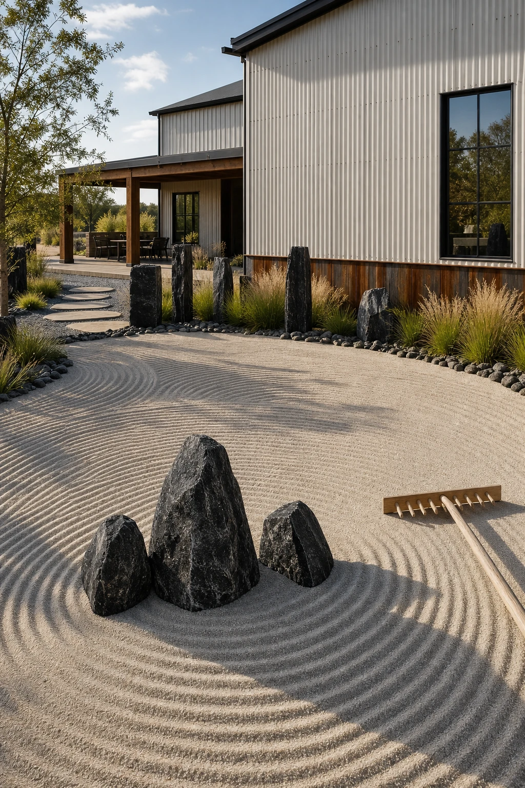 Barndominium Zen garden with a wide raked sand court in geometric patterns, bordered by dark standing stones, ornamental grasses and a corrugated steel wall painted warm neutral