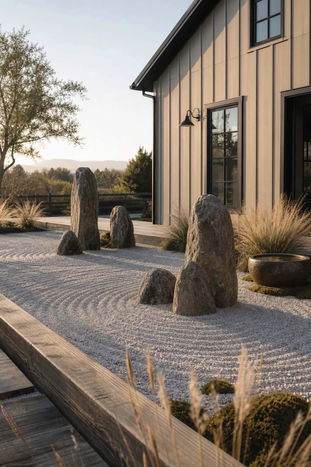 Barndominium zen garden with an intentional odd numbered rock composition as the hero, raked gravel, ornamental grasses, and a timber deck edge under soft morning light