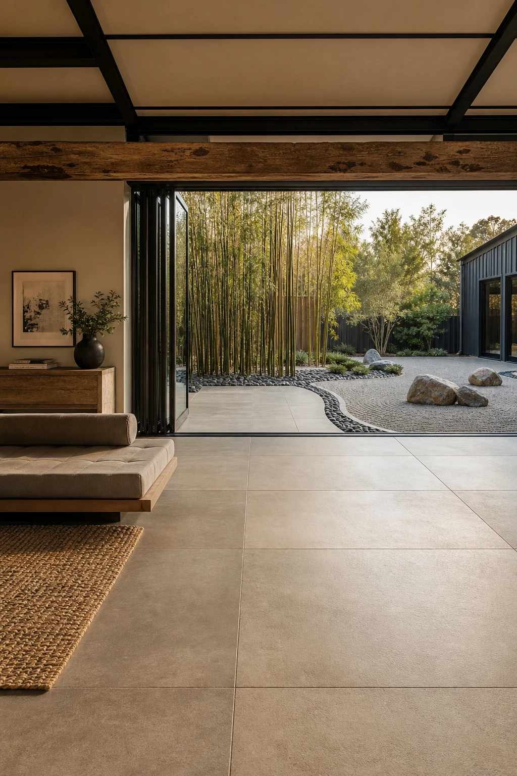 Barndominium zen garden with indoor outdoor flow through wide open steel sliding doors, continuous stone tile flooring extending from interior to exterior patio