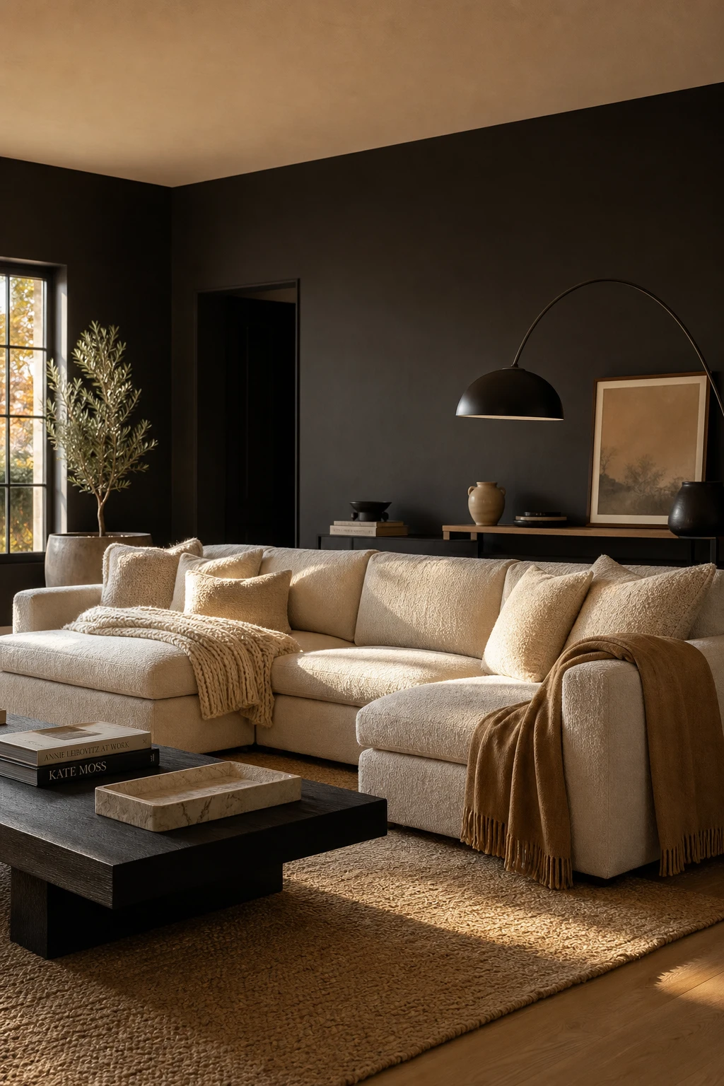 Beige and black living room centered on a large beige sectional with black accents, layered textures, and warm afternoon light on Farrow and Ball Off Black walls
