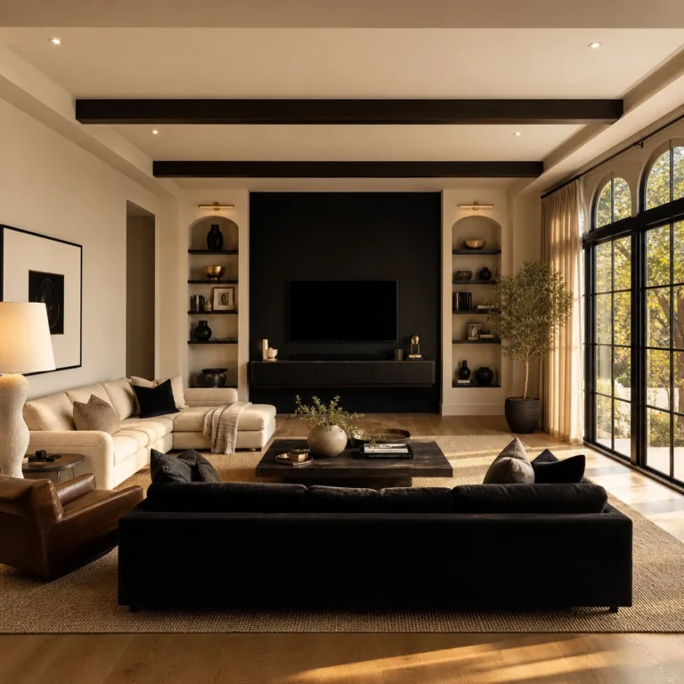 Beige and black living room with a black sofa, dark wood coffee table, woven oatmeal rug, black accent wall, gold accents, and warm oak flooring in late afternoon side light.