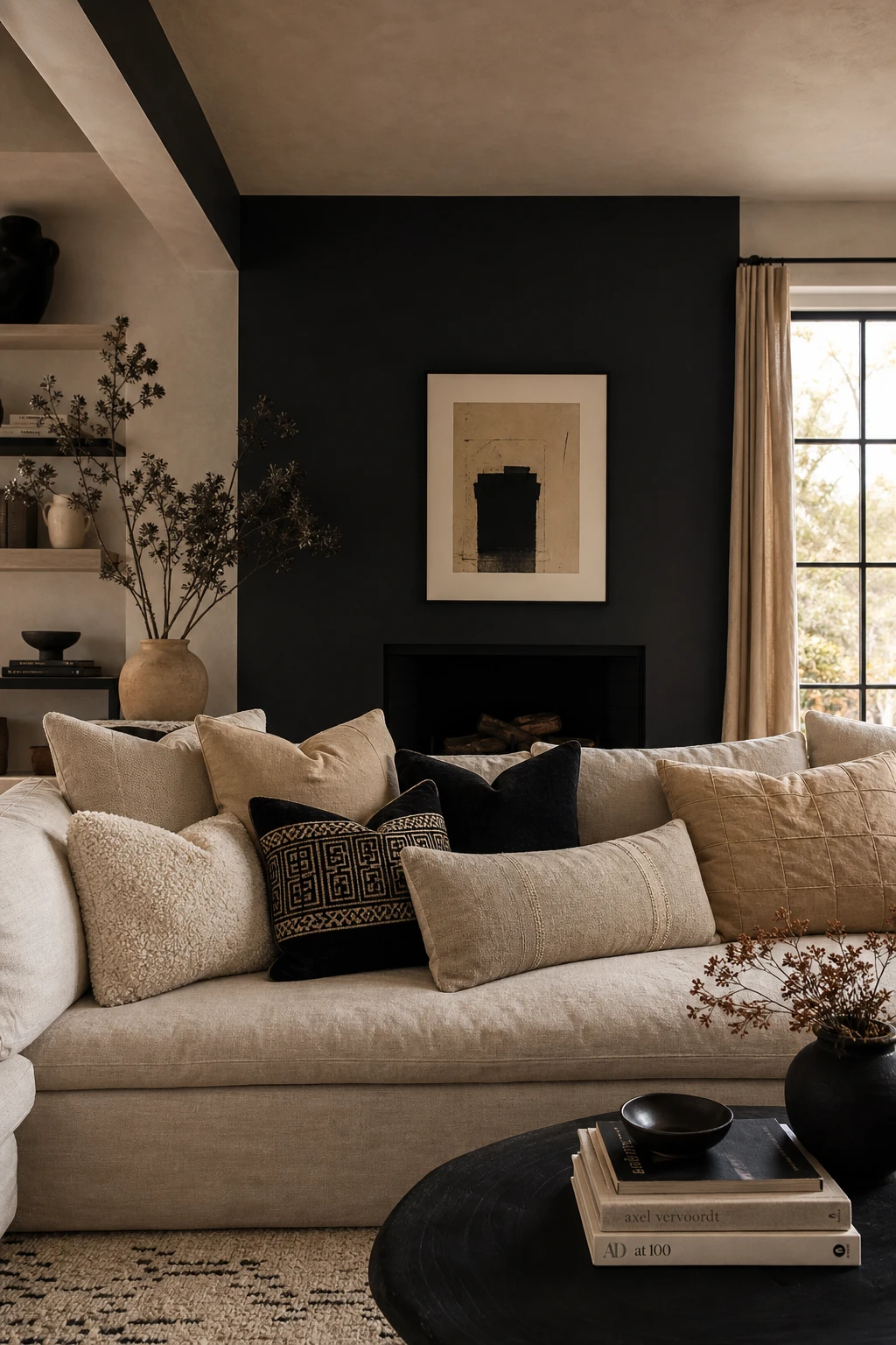Beige and black living room sofa styled with layered throw pillows in mixed textures, warm afternoon light, Farrow and Ball Bible Black accent wall behind