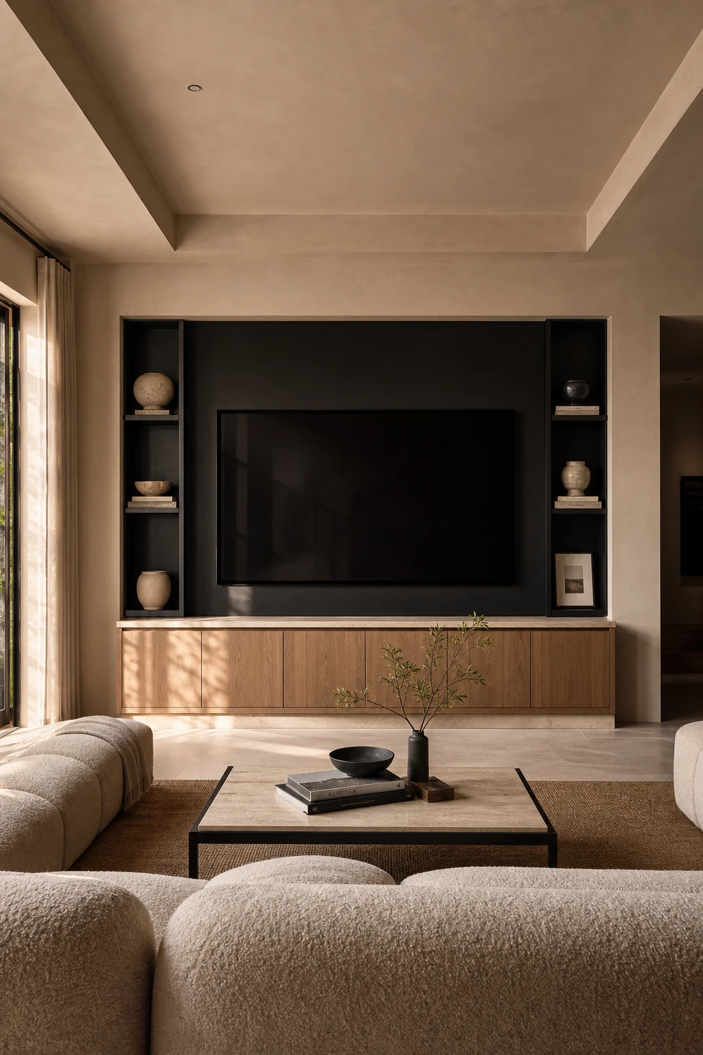 Beige and black living room with a 75 inch wall mounted TV as the hero feature, framed by Farrow and Ball Bible Black painted alcove wall