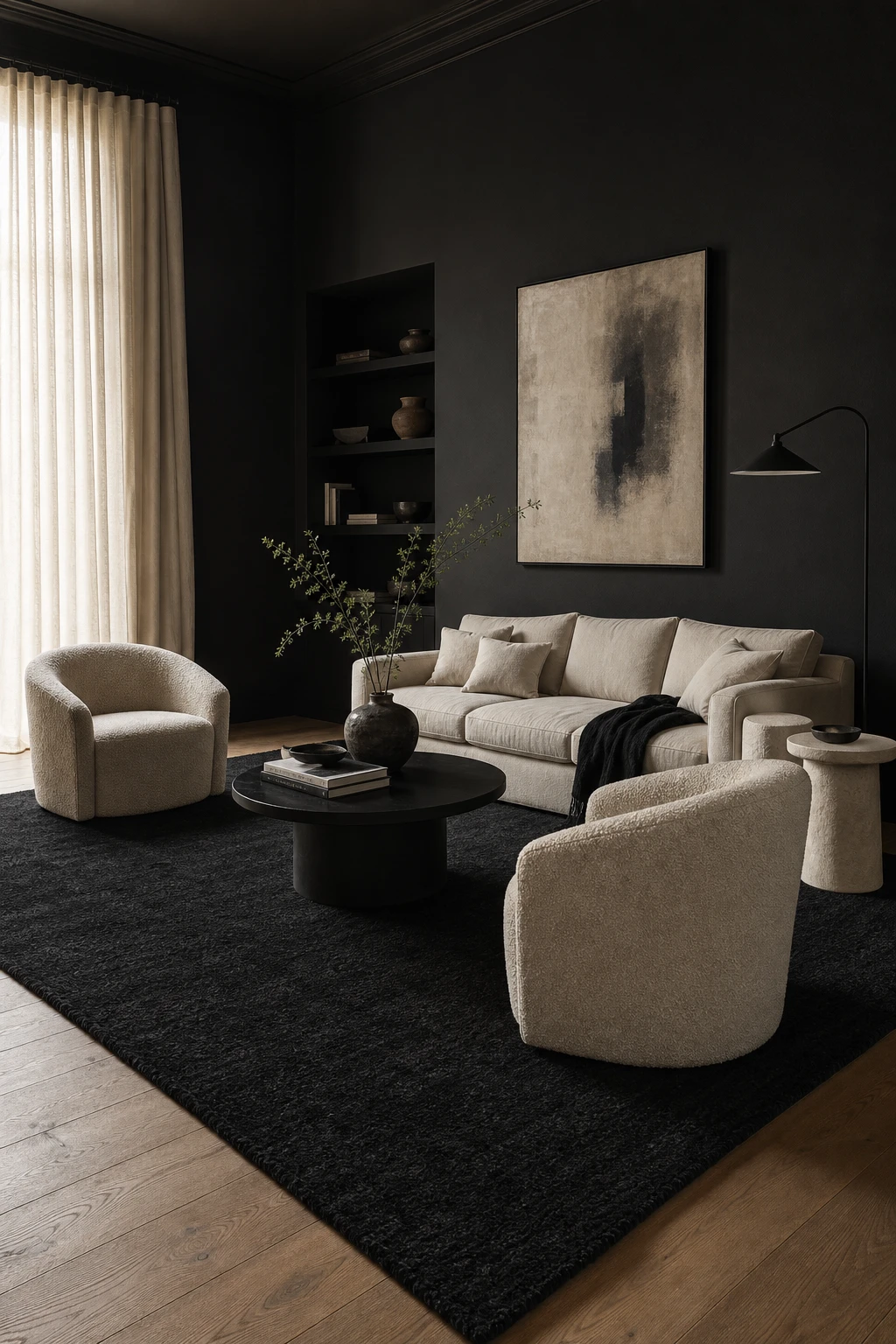 Beige and black living room with a bold black area rug anchoring a neutral sofa and armchairs on warm wide plank oak floors