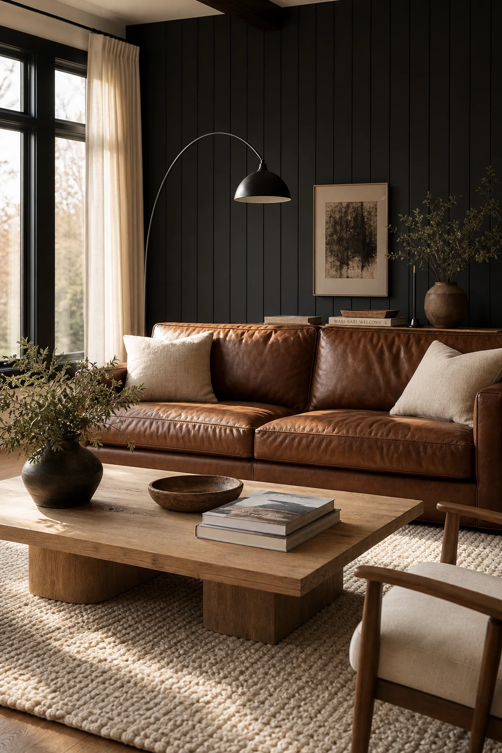 Beige and black living room with a brown leather sofa as the hero, set against Farrow Ball Paean Black wall panelling and warm natural light