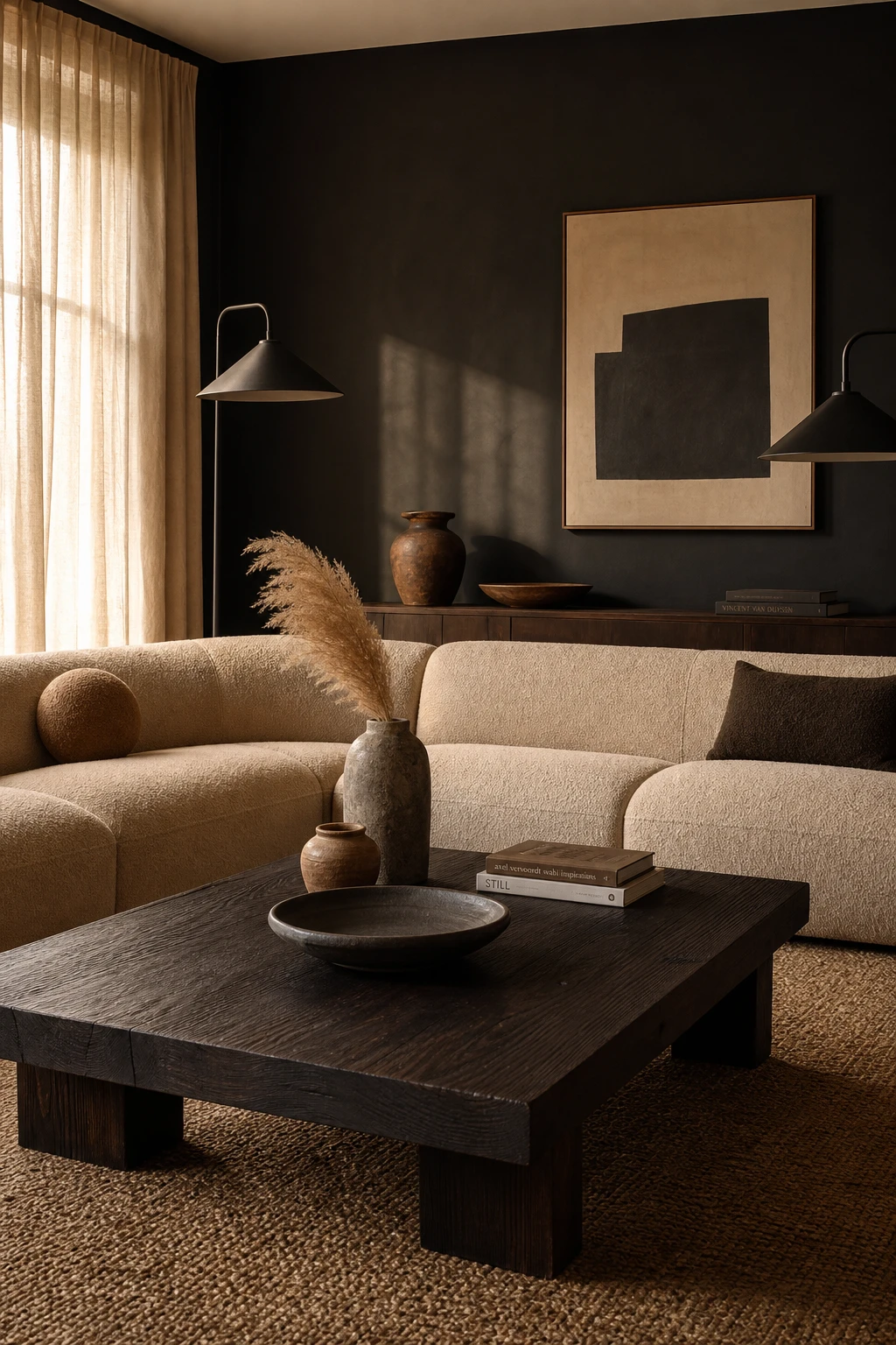 Beige and black living room with a dark wood coffee table as the centrepiece, styled with sculptural objects, warm natural light, and Farrow & Ball Grate Black painted walls
