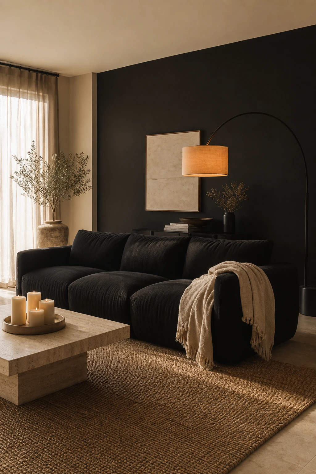 Beige and black living room with a deep black sofa as the centrepiece, warm afternoon light, Farrow and Ball Liquorice accent wall, textured cushions and natural materials