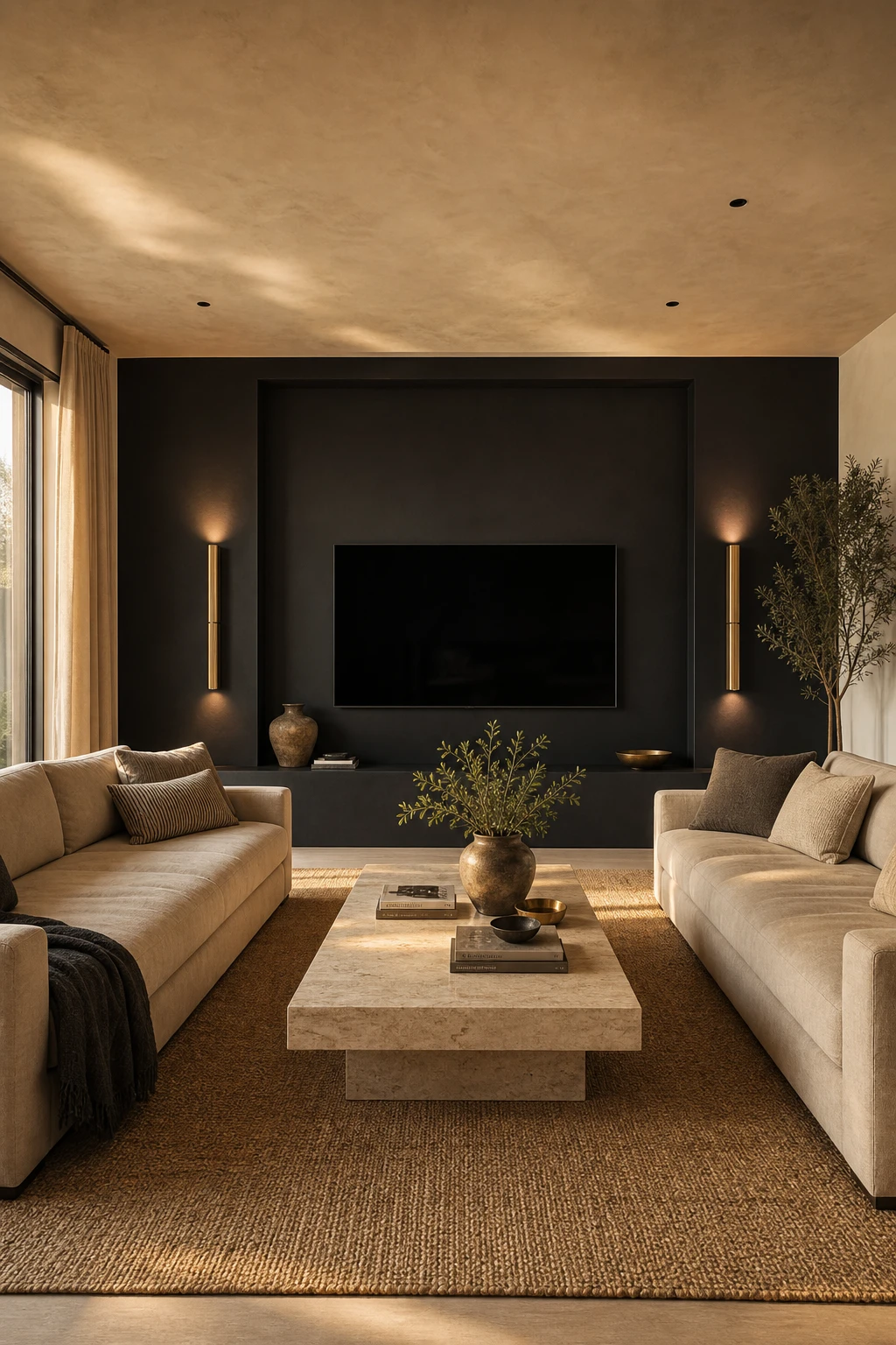 Beige and black living room with a dramatic black accent wall framing a wall mounted TV, flanked by beige linen sofas and warm ambient lighting