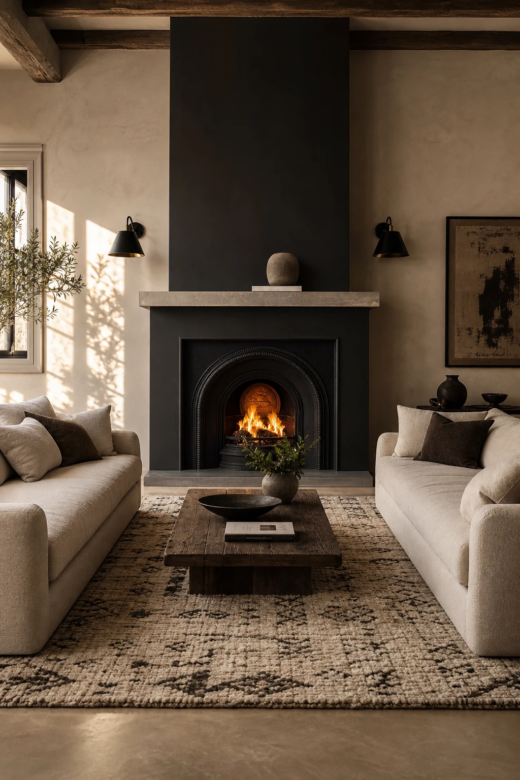 Beige and black living room with a fireplace focal point, black surround, beige seating arranged symmetrically, warm evening light, magazine quality
