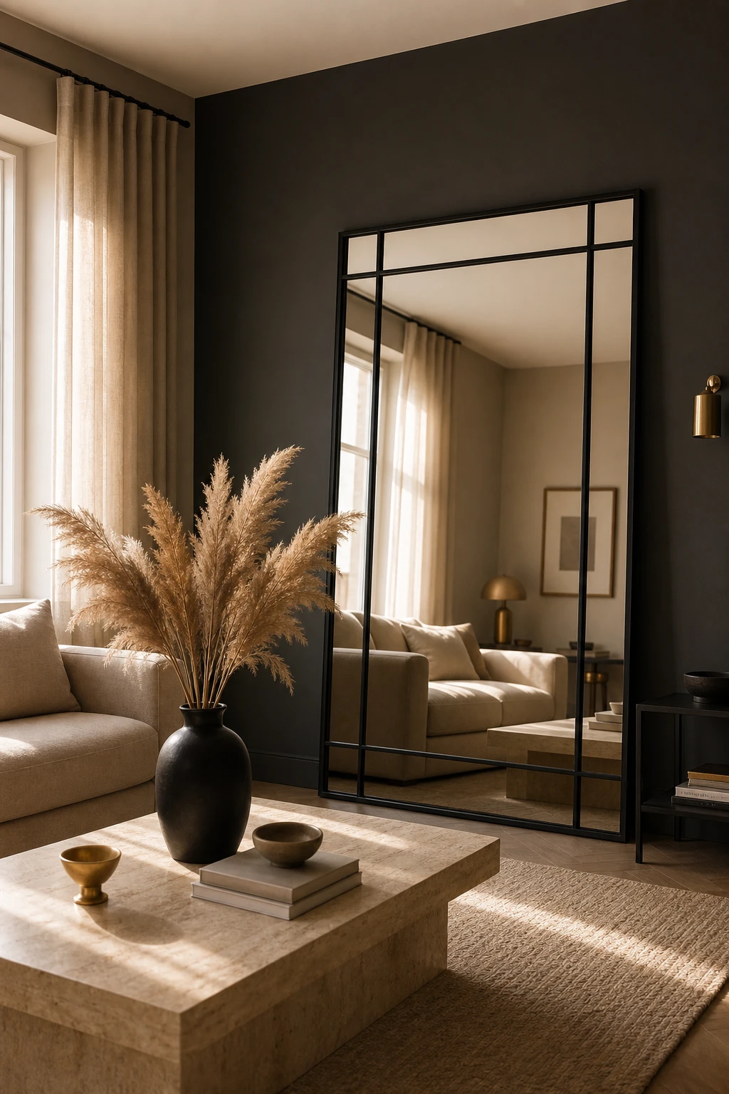 Beige and black living room with a large black frame mirror as the hero, reflecting warm light across a Farrow and Ball Tar painted feature wall