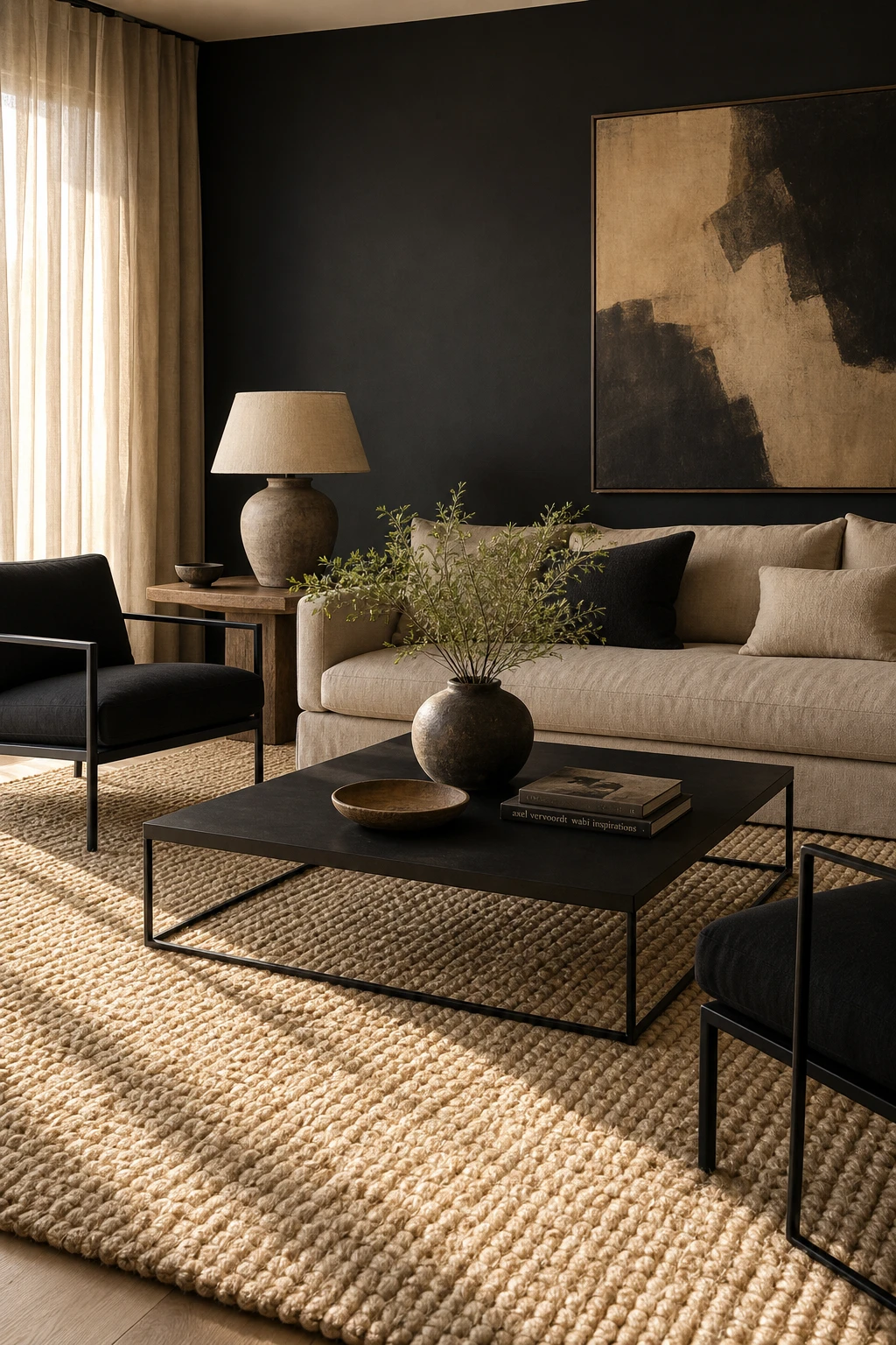 Beige and black living room with a large woven texture rug anchoring the seating area, walls in Farrow and Ball Off Black paint, natural afternoon light