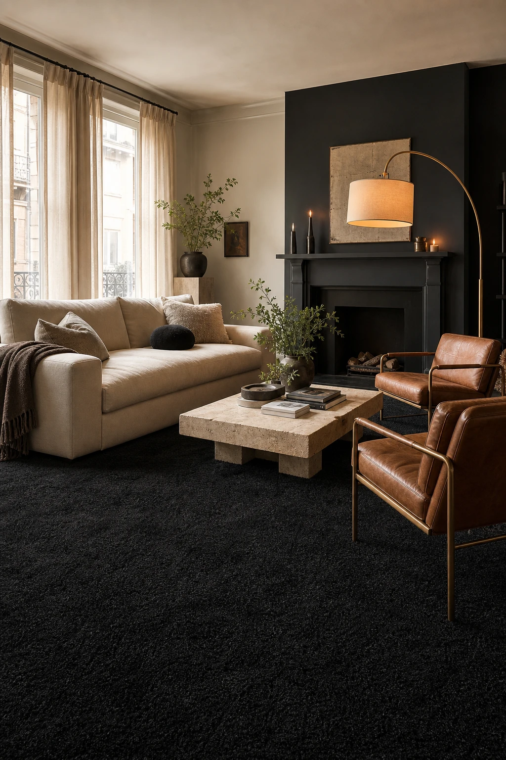 Beige and black living room with a plush black carpet as the hero floor, warm beige walls in Farrow and Ball Paean Black accents, natural afternoon light