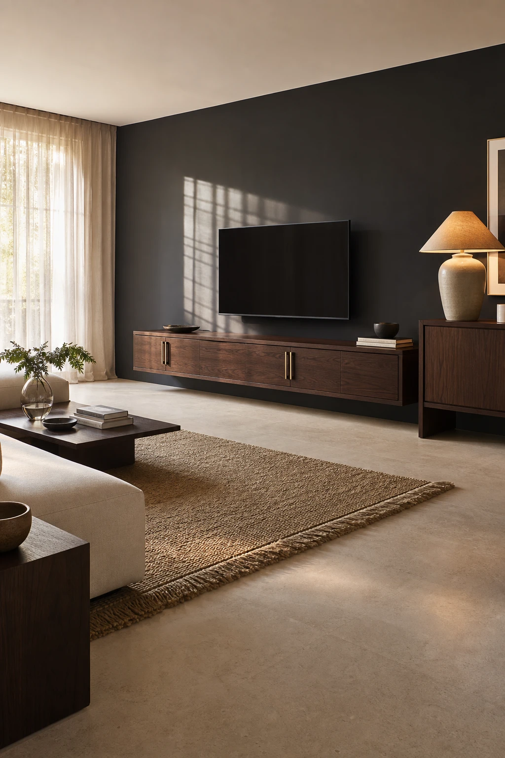 Beige and black living room with a wall mounted floating TV stand in dark wood, Farrow and Ball Tar painted wall behind, cream sofa and natural fiber rug visible