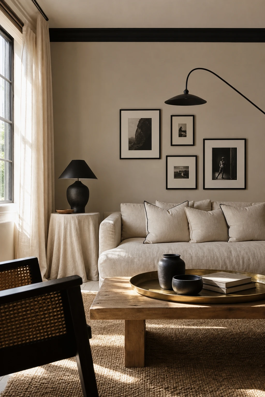 Beige and black living room with black accents as the hero, featuring layered neutral furnishings, black trim details, and warm natural light