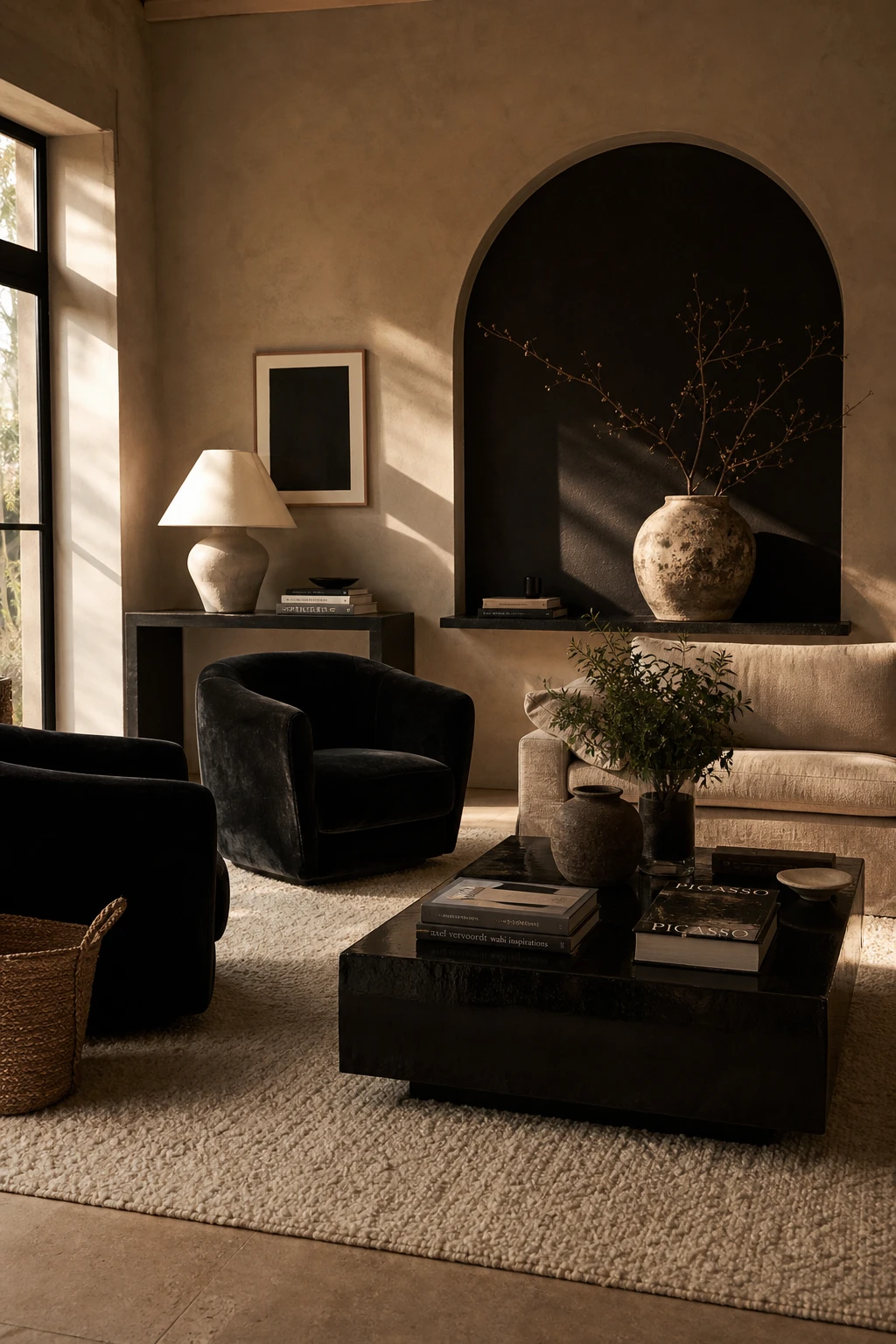 Beige and black living room with black furniture as the hero, warm natural light, linen sofa, textured rug, and Farrow and Ball Bible Black painted alcove wall