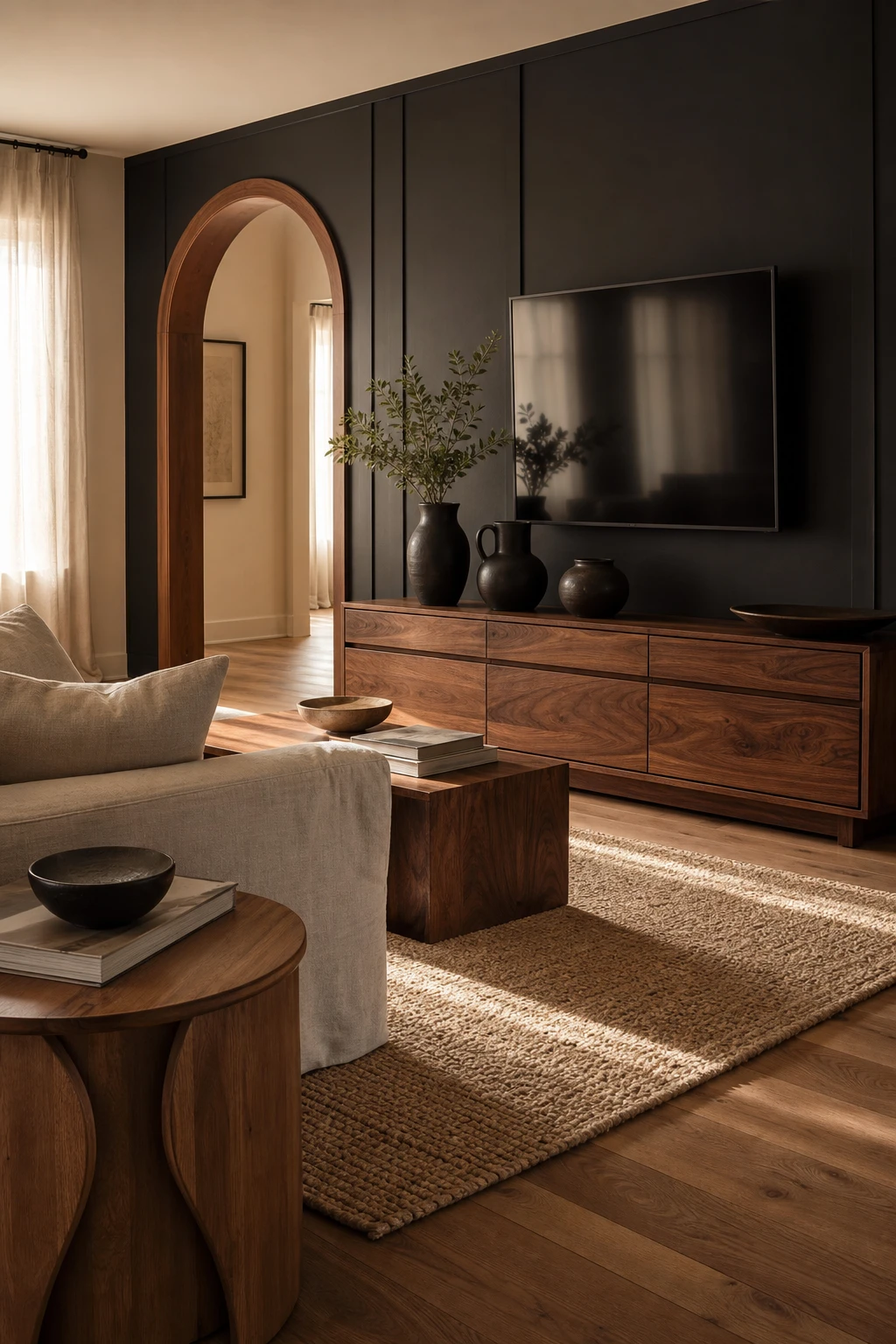 Beige and black living room with brown wood tones as the hero, featuring a walnut console, oak flooring, and Farrow and Ball Pitch Black wall panel