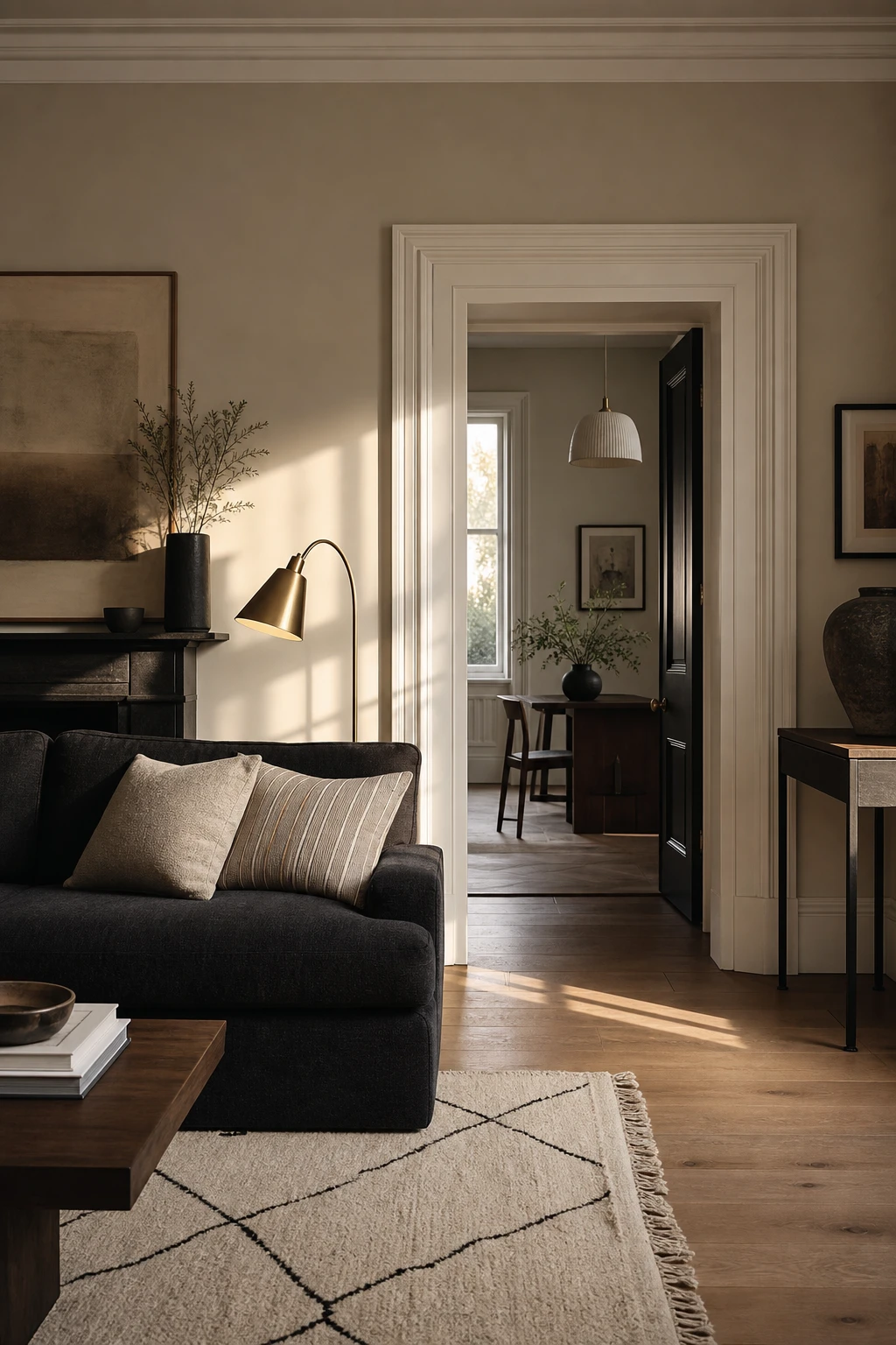 Beige and black living room with crisp white trim detail framing tall skirting boards and architrave painted in Farrow and Ball Pointing warm white