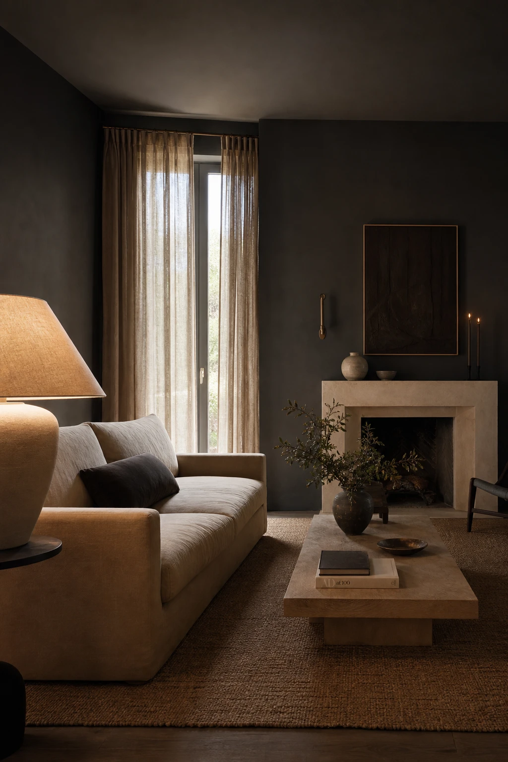Beige and black living room with dark greige walls painted Farrow and Ball Grate Black creating a moody enveloping atmosphere with warm ambient lighting