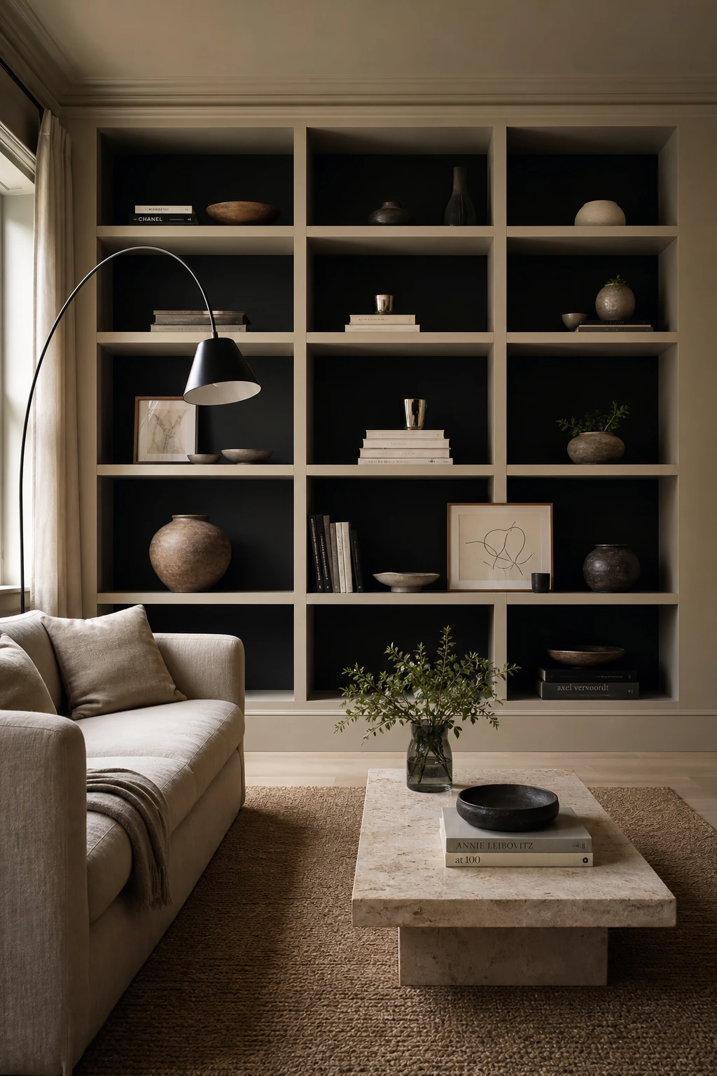 Beige and black living room with display shelving as hero, styled with curated objects, warm beige walls, and Farrow & Ball Liquorice painted shelf backs