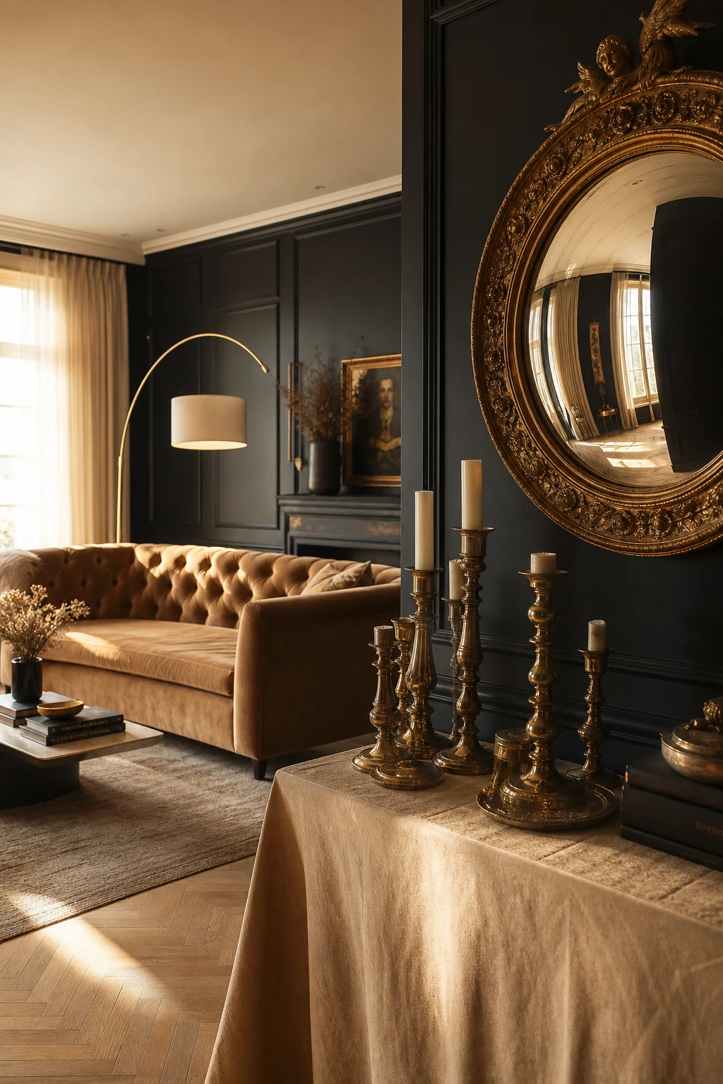 Beige and black living room with gold accents as the hero, featuring a velvet sofa, brass floor lamp, gilded mirror, and Farrow and Ball Bible Black wall panelling