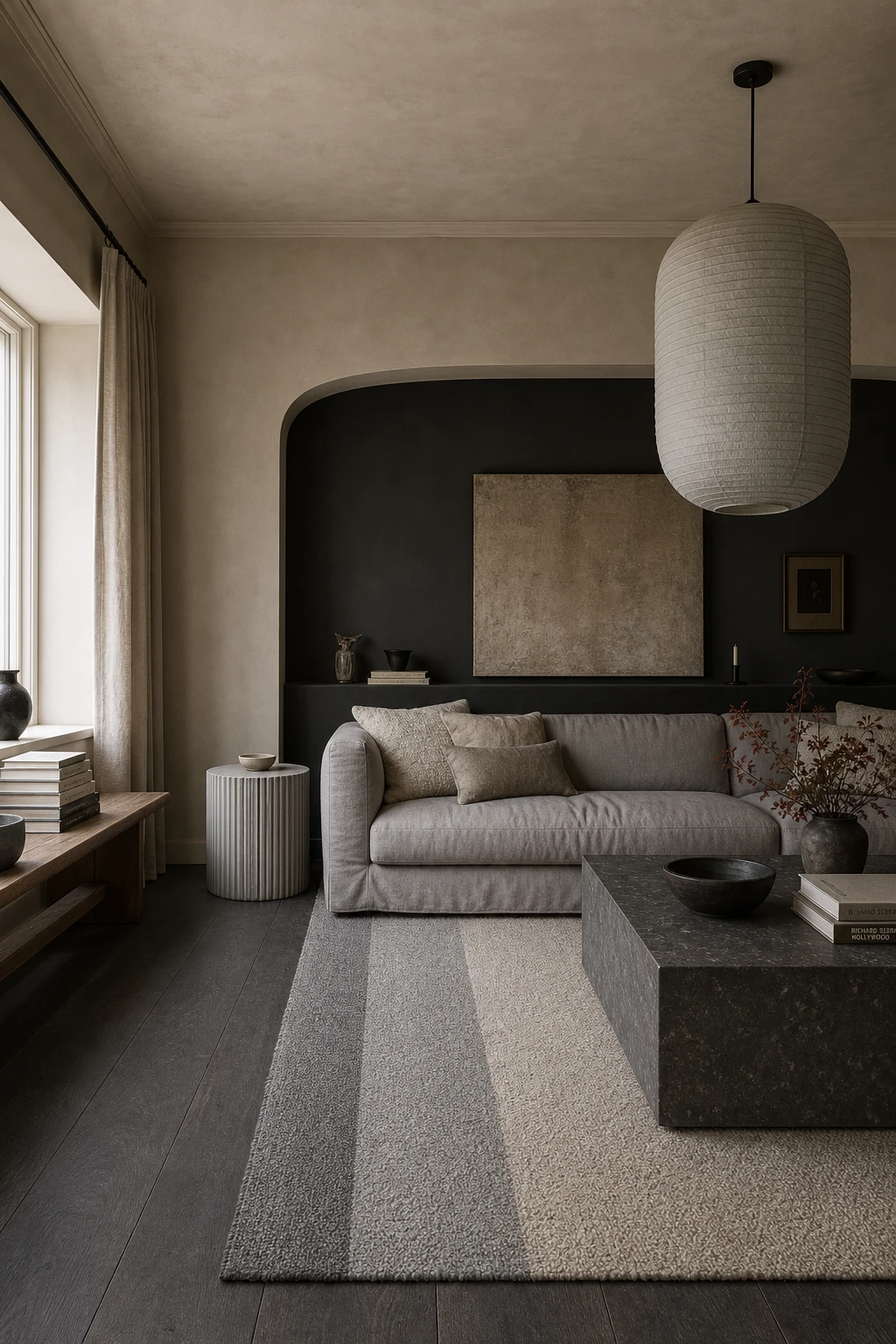 Beige and black living room with grey layering as the hero, showing tonal gradation from warm beige walls to charcoal accents and a Farrow and Ball Tar painted alcove