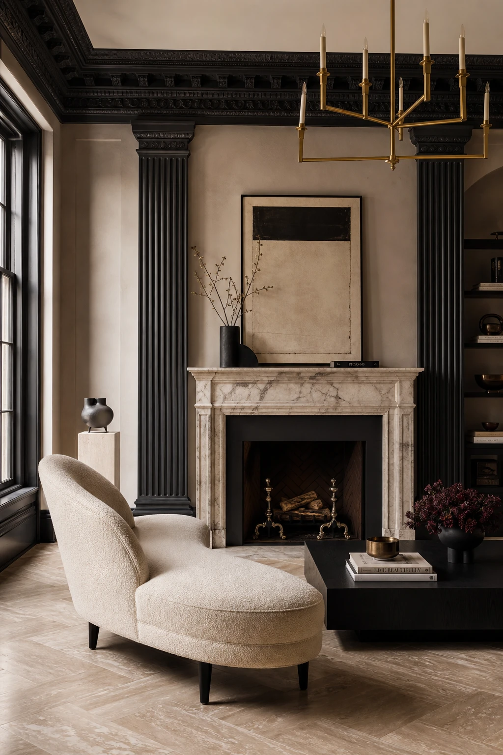 Beige and black living room with neoclassical detail as hero, featuring ornate plasterwork, fluted columns, classical cornice, and Farrow and Ball Paean Black trim