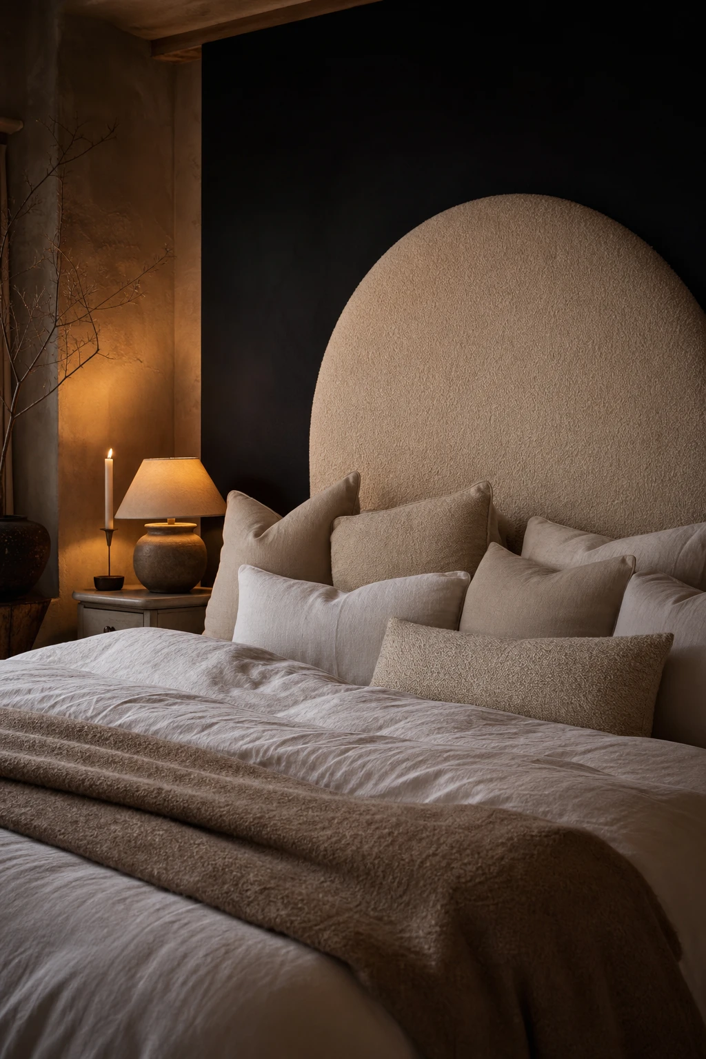 Black and cream bedroom with soft linen bedding, Paean Black accent wall, arched headboard, and warm candlelight creating a restful high contrast retreat