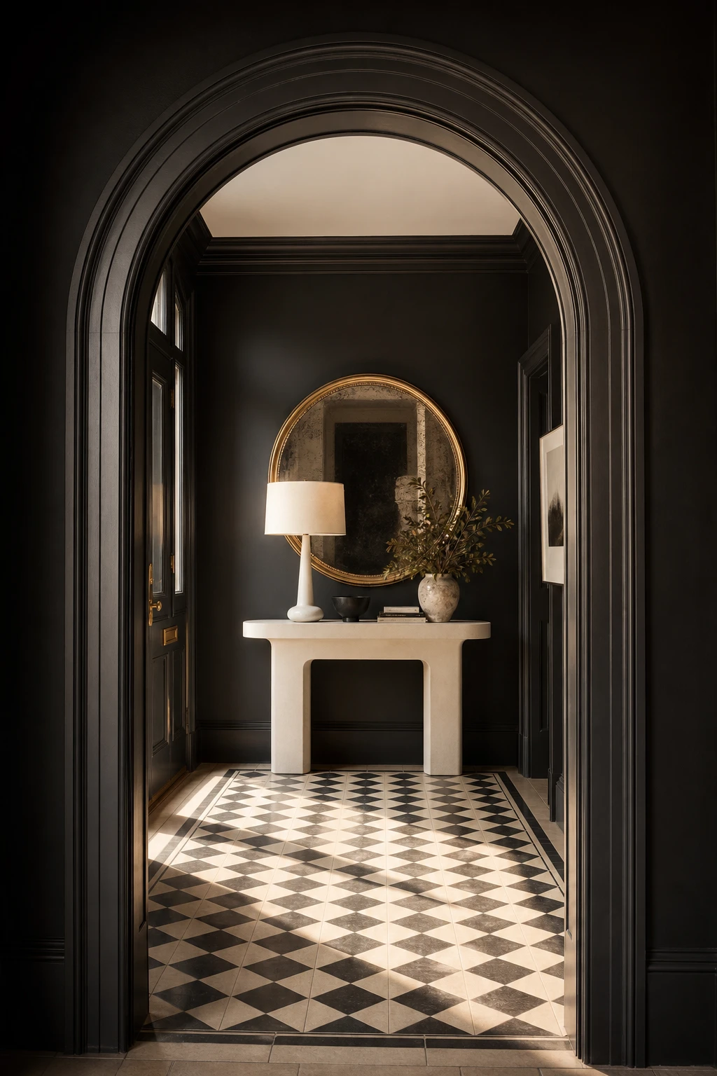 Black and cream entryway with bold painted walls, console table, statement mirror, patterned floor tiles and natural light through a glazed front door