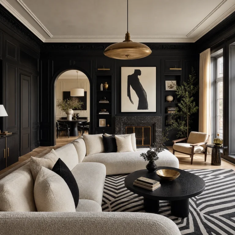 Black and cream interior design living room with lacquered black panelled walls, a cream linen sectional, geometric rug, brass pendant, and a large monochrome artwork above the fireplace in warm afternoon light.