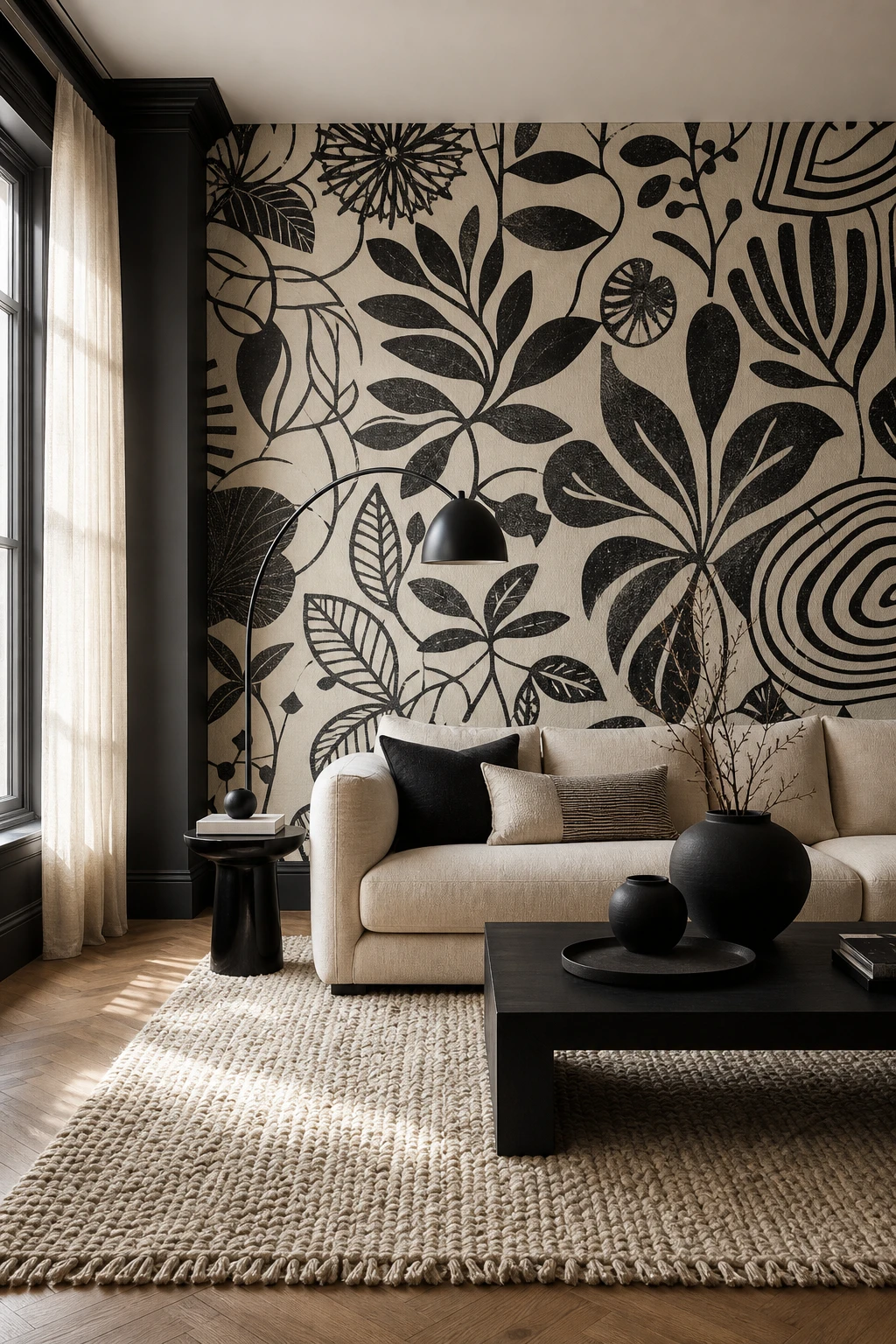 Black and cream interior living room with graphic wallpaper as hero feature, bold printed pattern on accent wall, cream sofa, dark trim, natural light