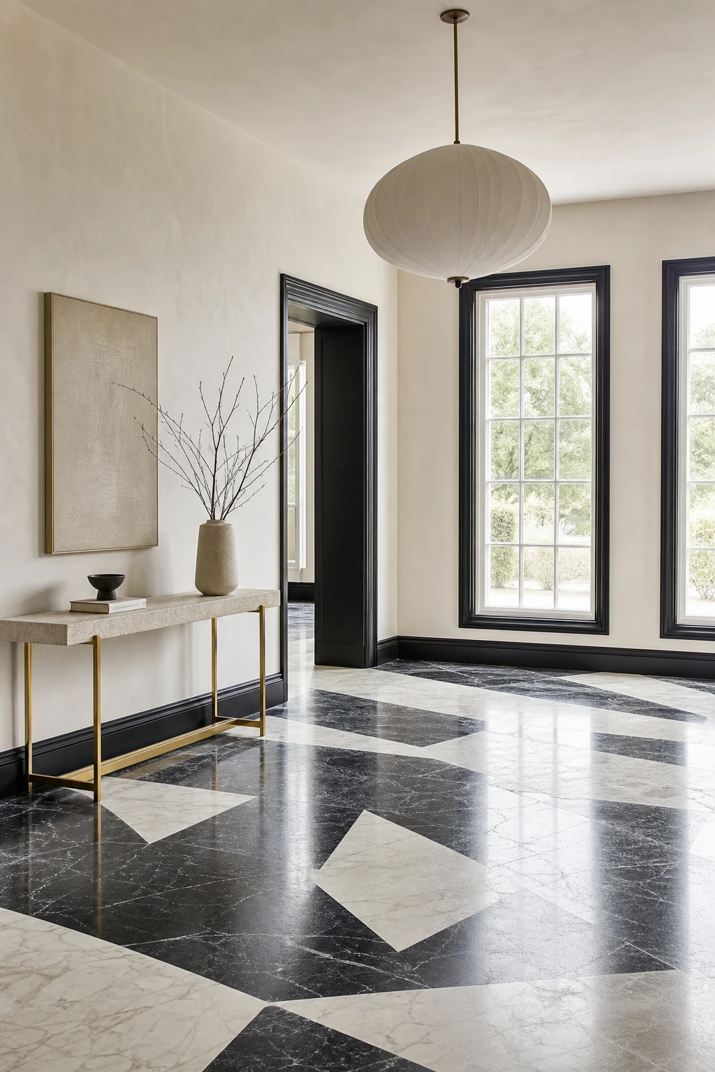 Black and cream interior with a bold black and white marble pattern floor as the hero feature, soft cream walls in Farrow and Ball Paean Black trim and natural overhead light