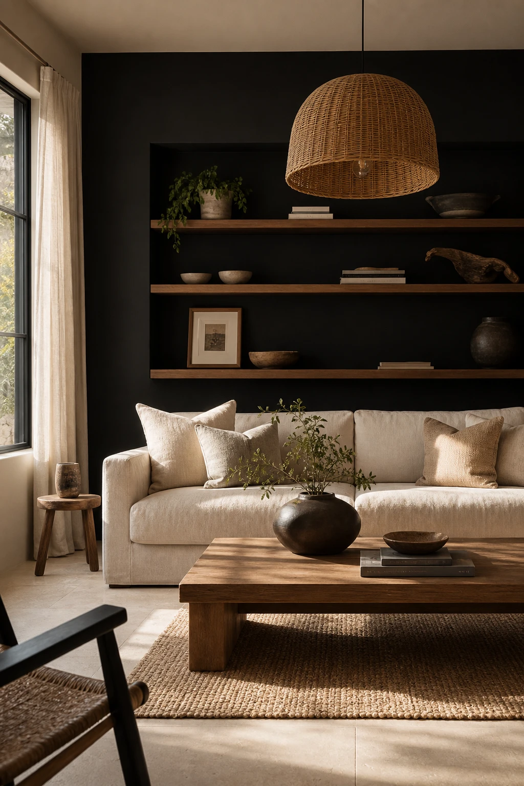 Black and cream interior with a bold black feature wall as the hero, warm wood shelving, cream sofa, linen cushions, and soft natural light from a side window