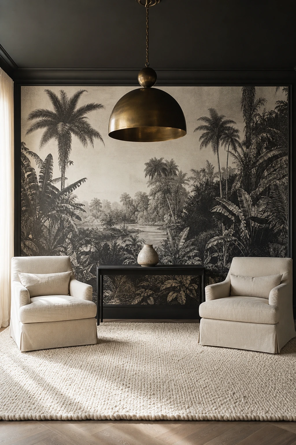 Black and cream interior with a dramatic black and white mural wallpaper as the focal point, flanked by cream furnishings and soft natural light