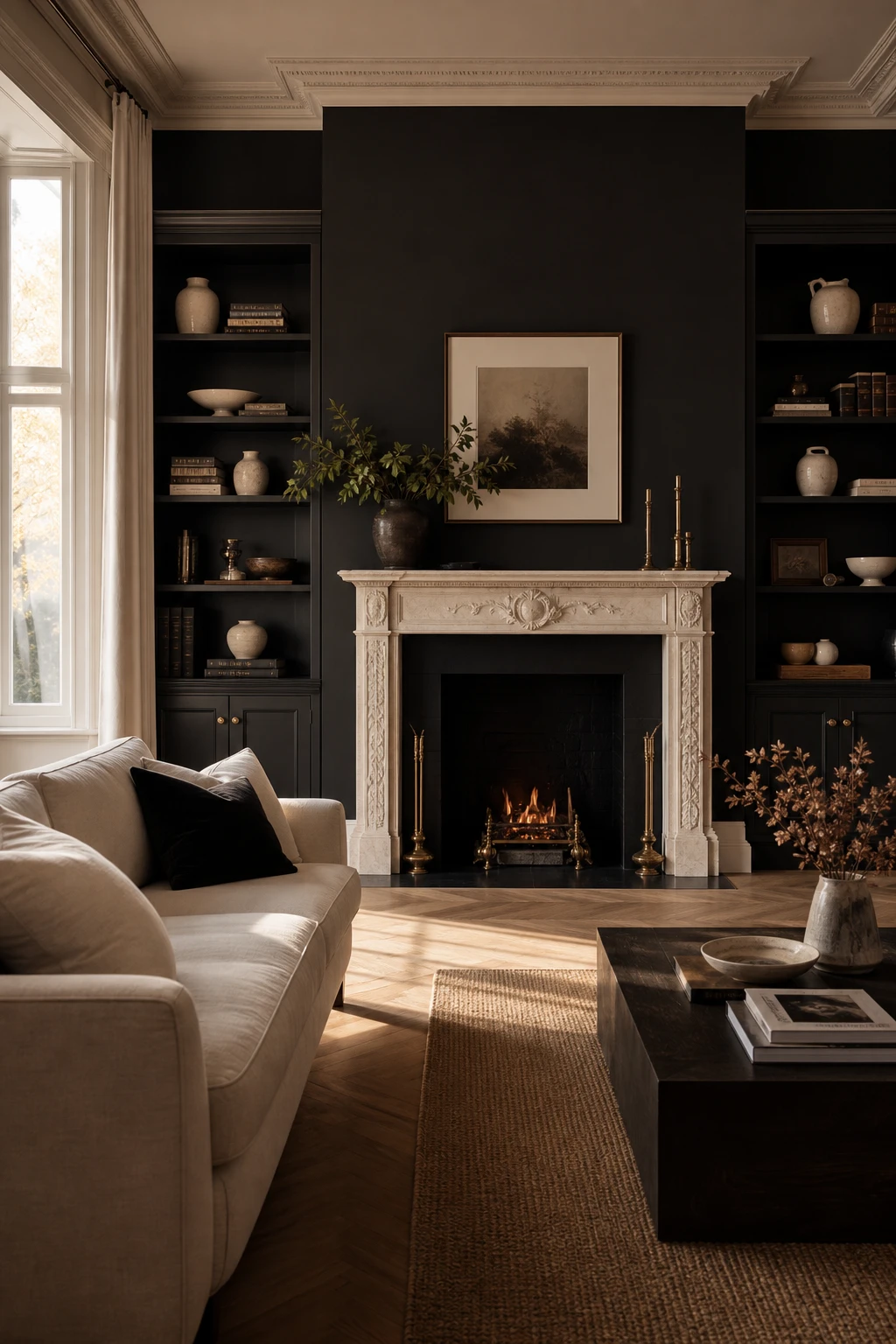 Black and cream interior with a fireplace layout as the hero, featuring a painted surround, cream walls, marble hearth, flanking shelves, and warm evening light