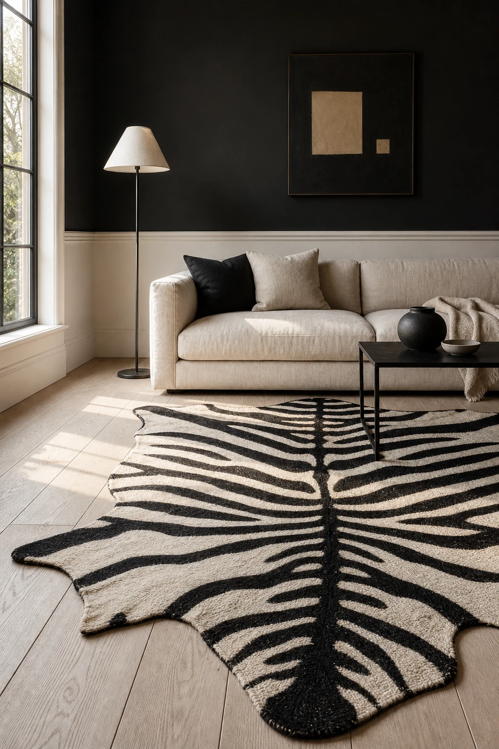 Black and cream interior with a zebra print rug as the focal point, Bible Black walls, natural light, minimal furnishings