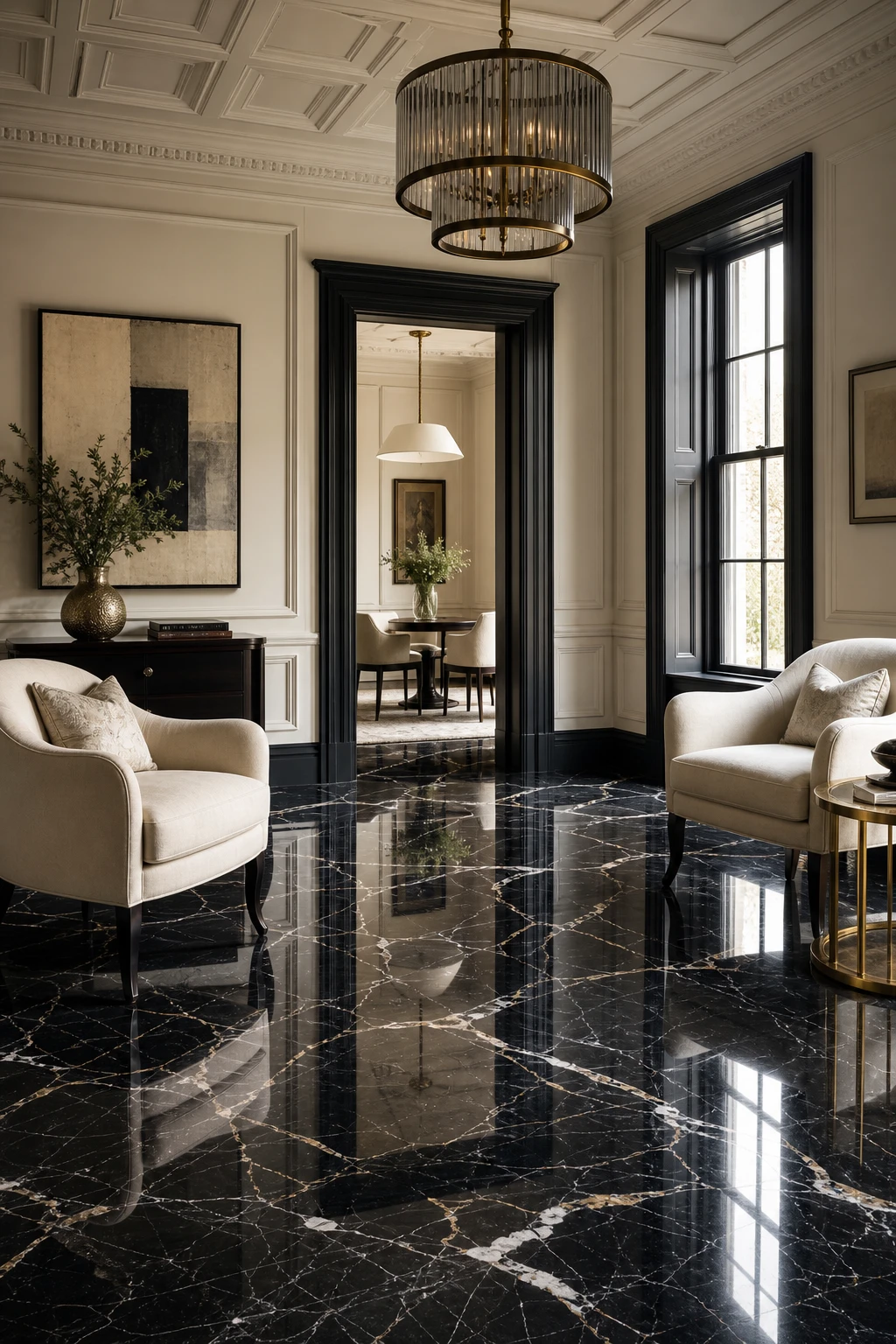 Black and cream interior with black marble floor as hero, cream panelled walls in Farrow Ball Off Black trim, brass chandelier and ivory upholstered chairs