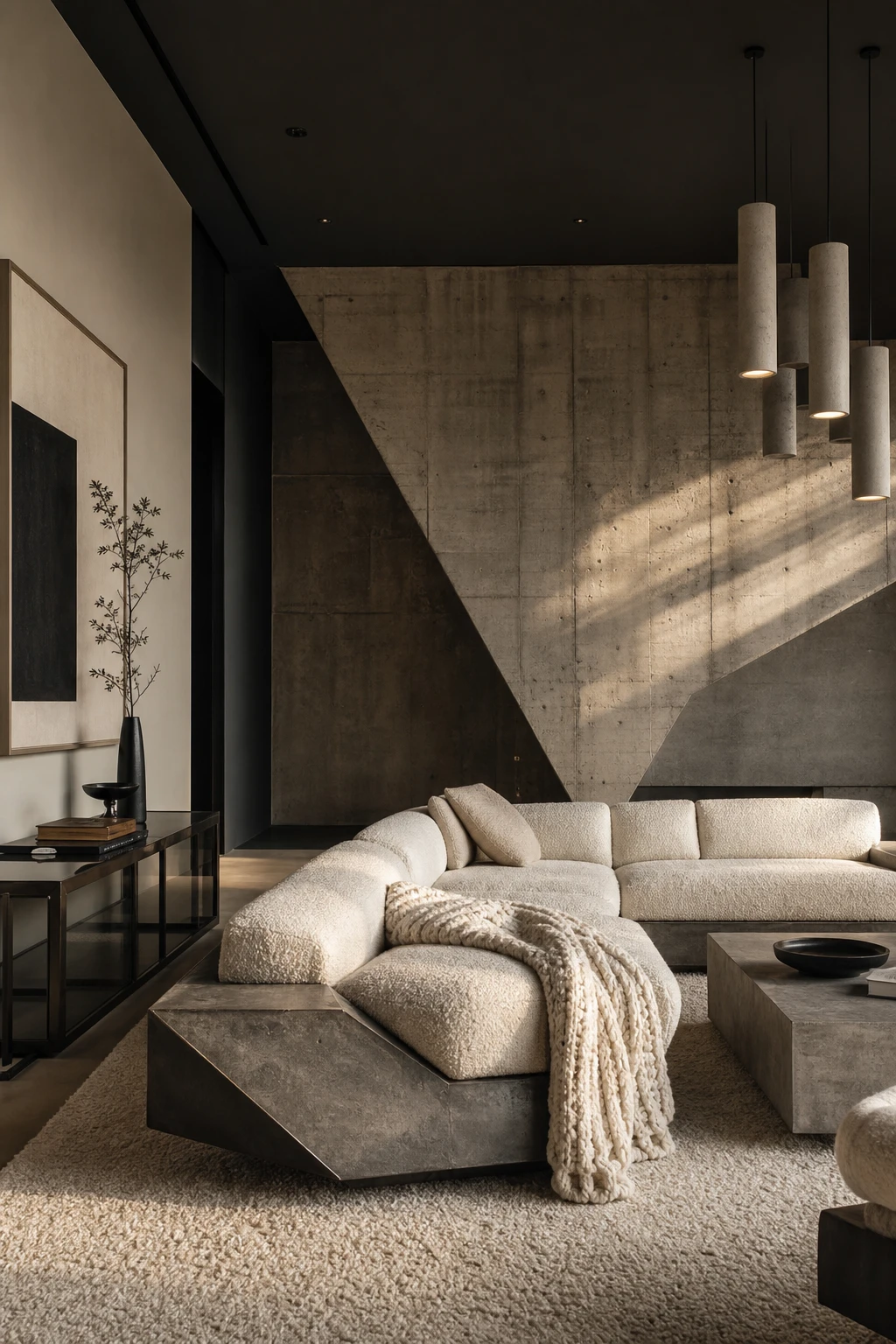 Black and cream interior with brutalist edge featuring raw concrete walls, angular furniture, cream bouclé textiles and Farrow and Ball Grate Black accents