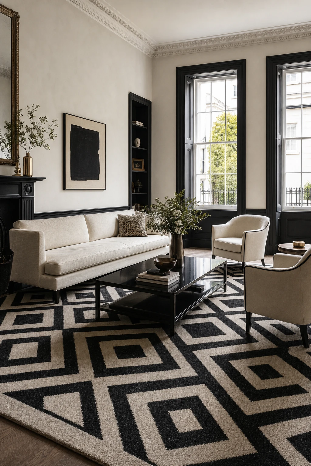 Black and cream living room with a bold geometric rug as the focal point, cream walls in Farrow and Ball Tar accented trim, natural light from tall windows