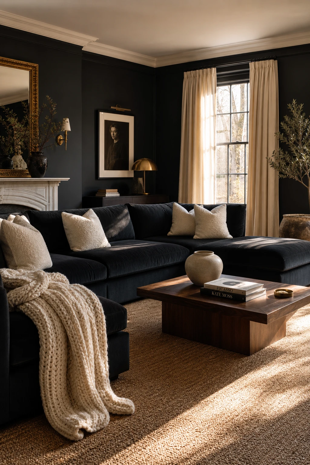 Black and cream living room with a large black sectional sofa as the focal point, cream walls in Farrow and Ball Tar paint, natural light, magazine quality