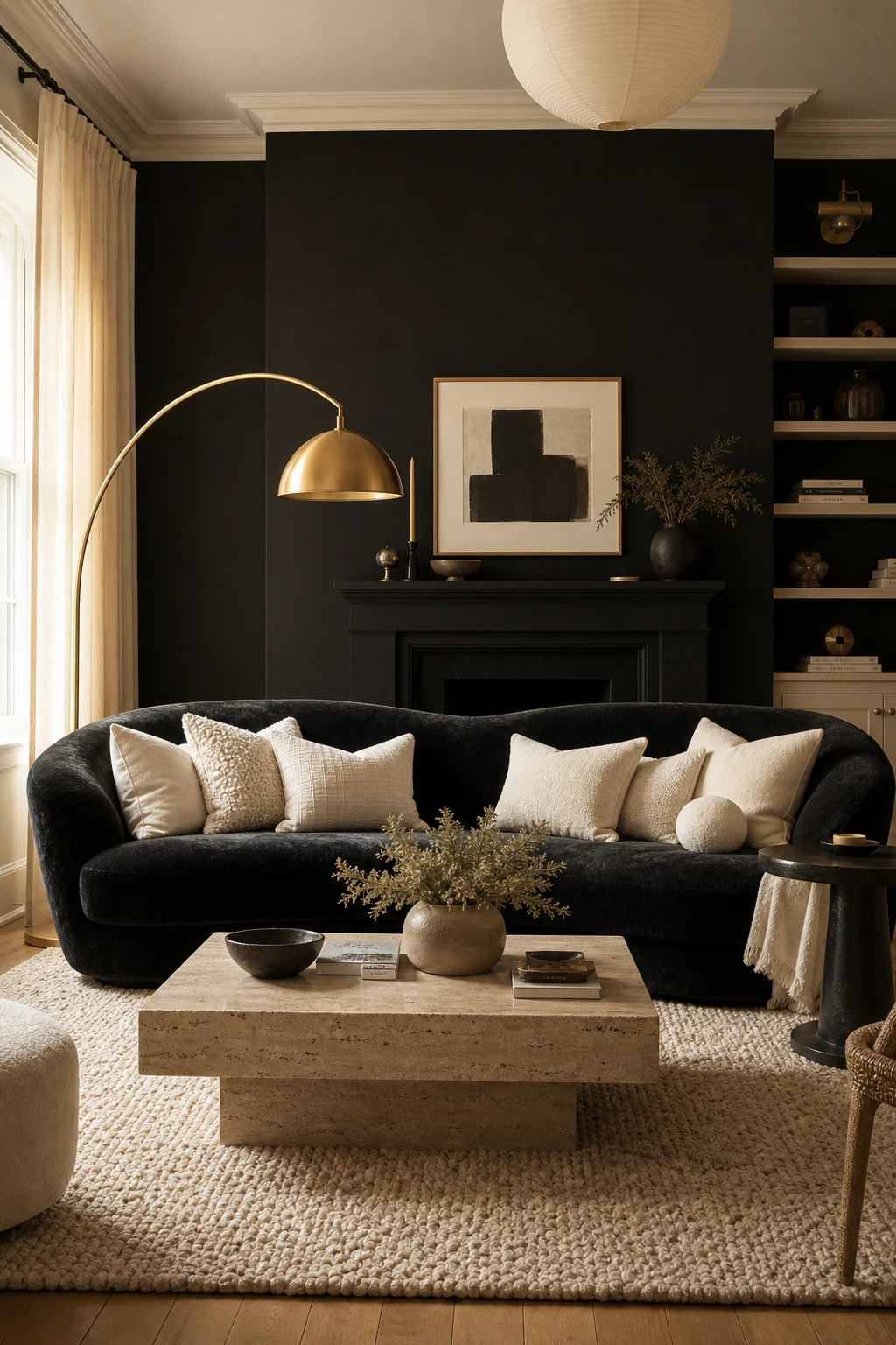 Black and cream living room with a velvet black sofa as the focal point, cream walls, layered cushions, brass lamp and woven rug