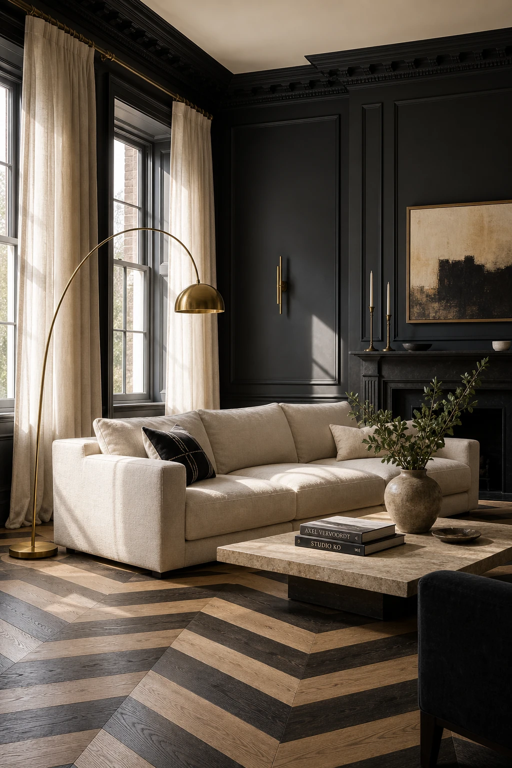 Black and cream living room with classic contrast, cream sofa, black panelled walls in Farrow and Ball Bible Black, brass lamp and herringbone floor