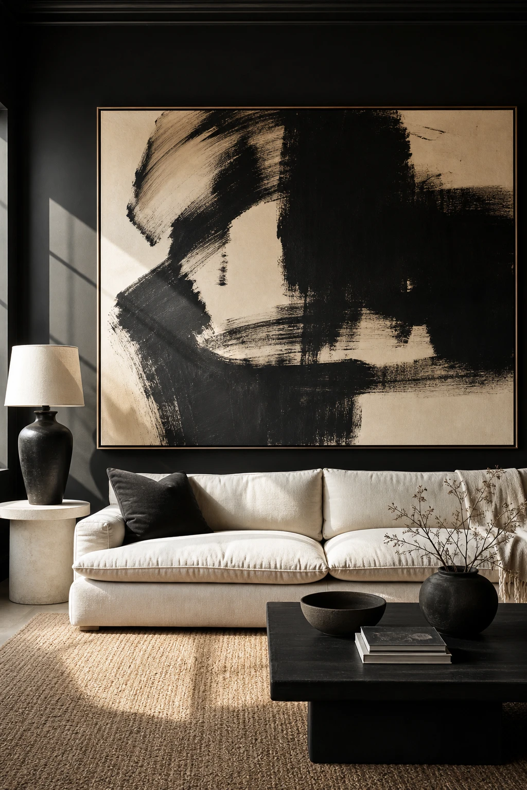 Black and cream living room with one oversized framed artwork as the focal point above a cream linen sofa, styled with minimal accessories