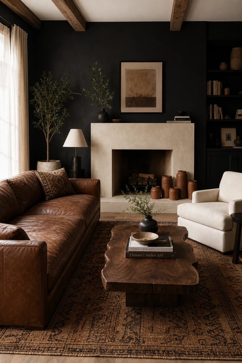 Black and cream living room with rich earth tones layered through warm brown leather, walnut wood, and Farrow and Ball Liquorice painted walls
