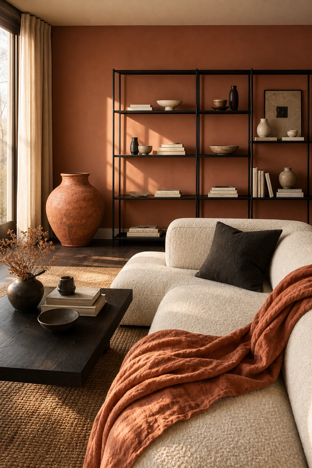 Black and cream living room with terracotta accent vase and throw as hero, cream sofa, black shelving, natural linen, warm afternoon light