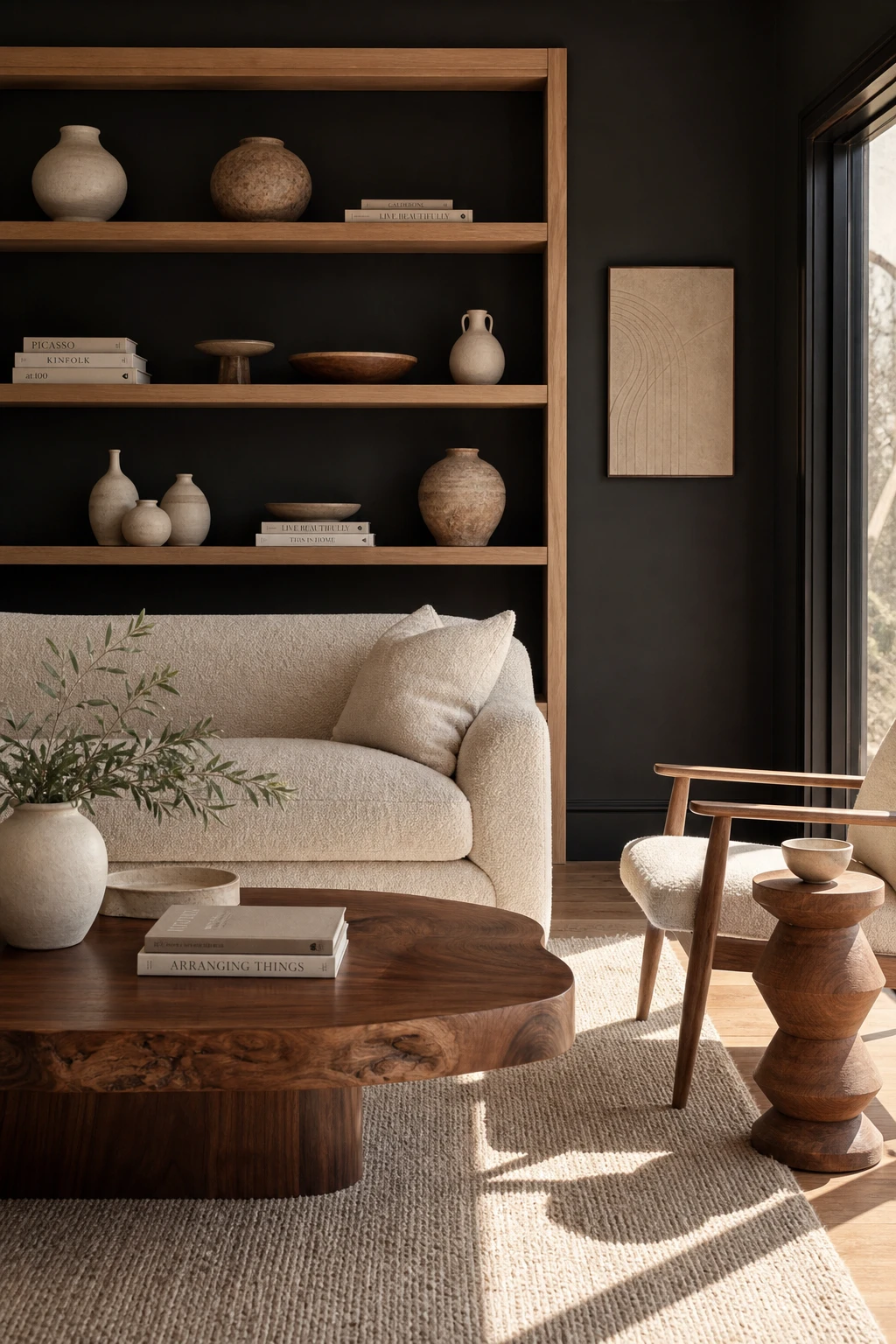 Black and cream living room with warm wood accents including oak shelving, a walnut coffee table, and Farrow & Ball Grate Black painted walls