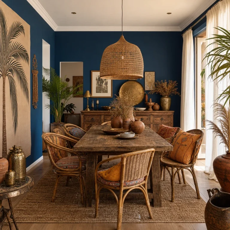 Blue boho dining room with deep jewel blue walls, a worn oak table, mismatched rattan chairs, a large woven pendant light, terracotta vessels and dried botanicals in warm morning light.