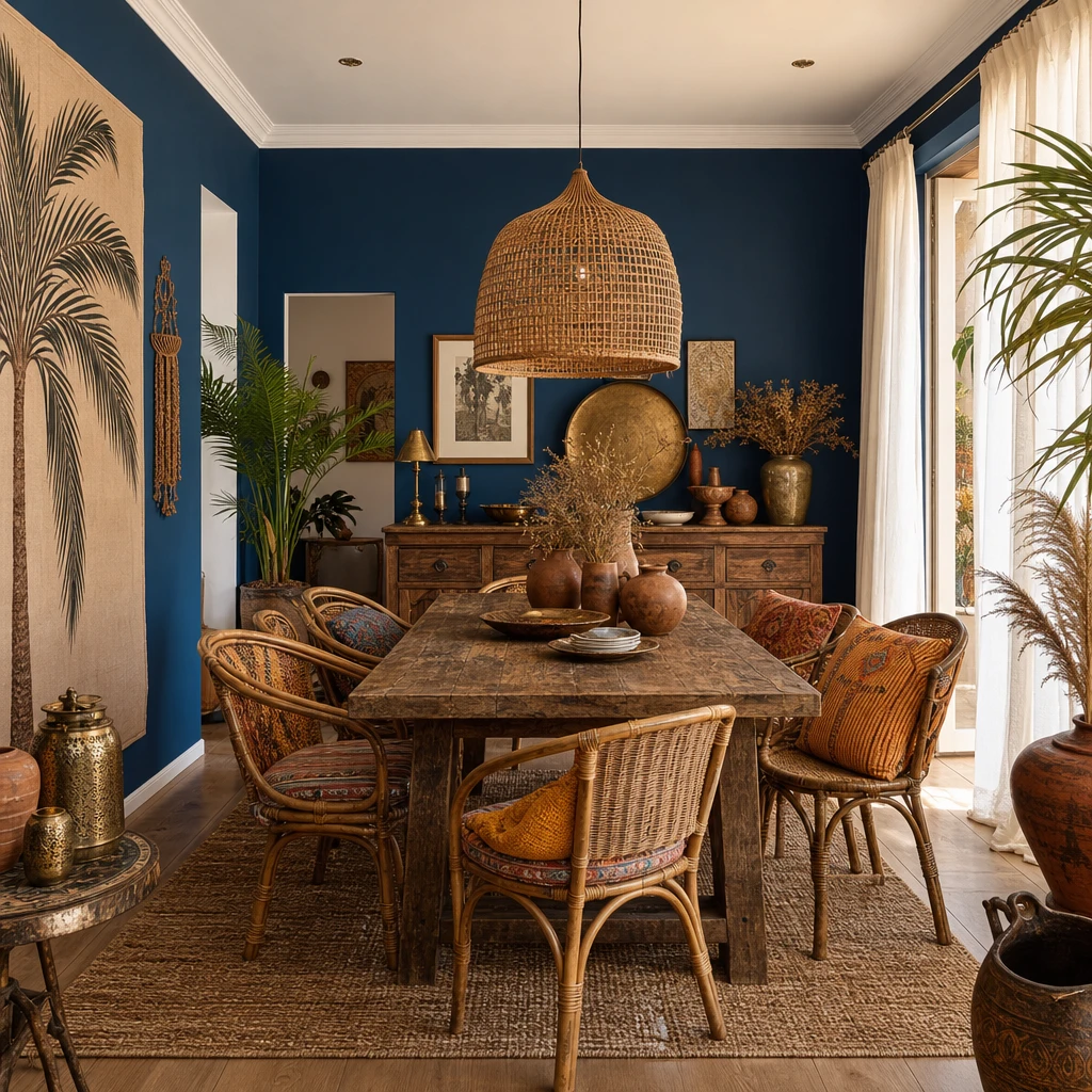 Blue boho dining room with deep jewel blue walls, a worn oak table, mismatched rattan chairs, a large woven pendant light, terracotta vessels and dried botanicals in warm morning light.